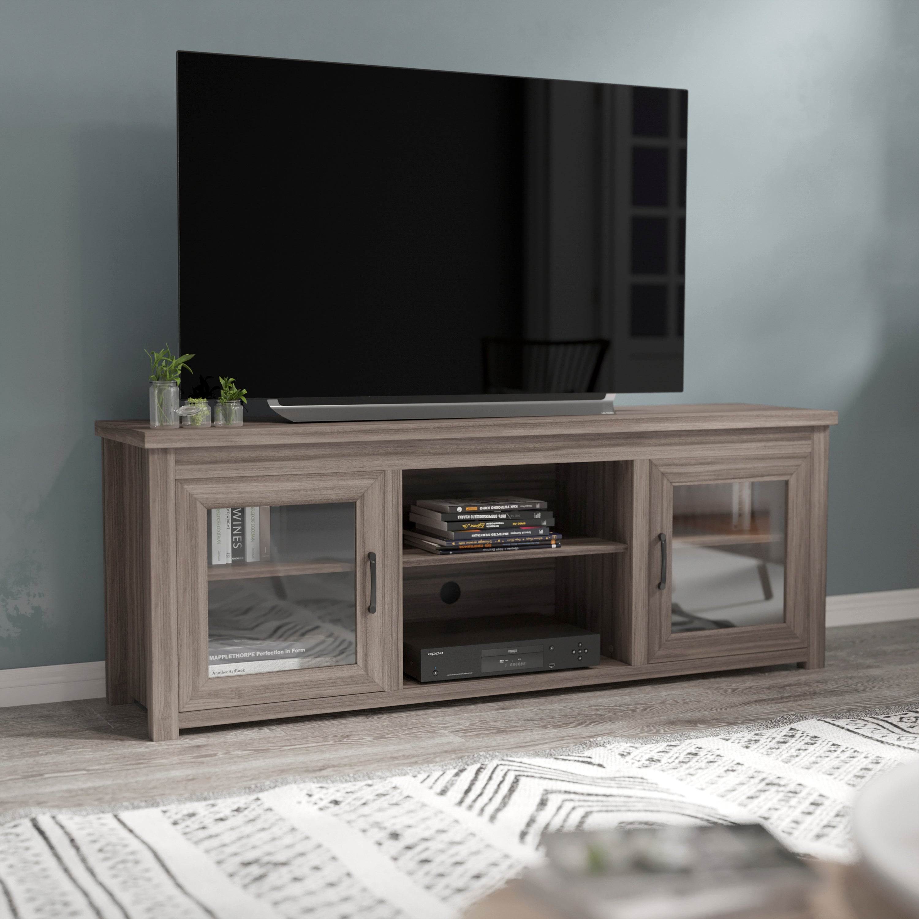 Sheffield Classic TV Stand for up to 80" TVs - Modern Finish with Full Glass Doors - 65" Engineered Wood Frame - 3 Shelves