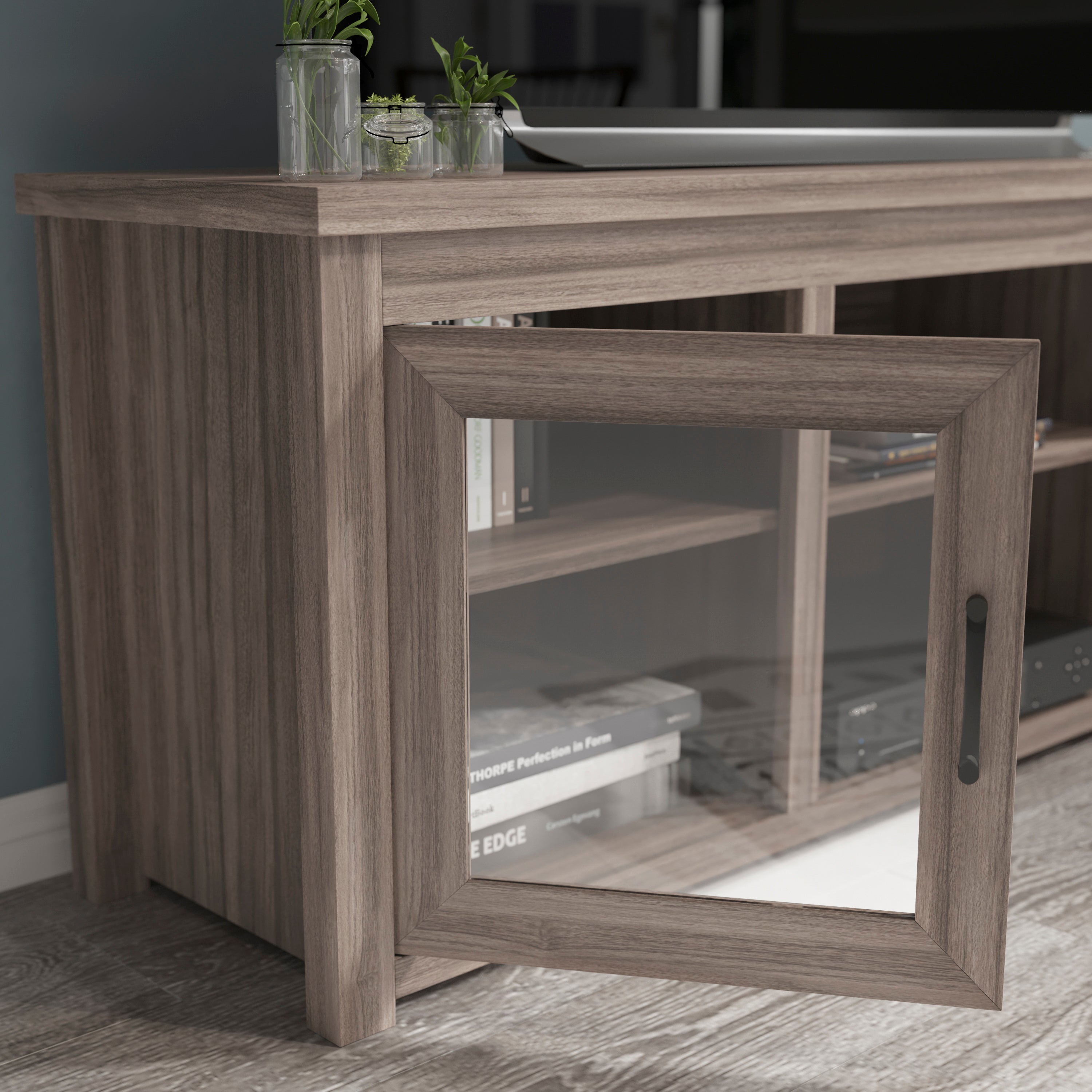 Sheffield Classic TV Stand for up to 80" TVs - Modern Finish with Full Glass Doors - 65" Engineered Wood Frame - 3 Shelves