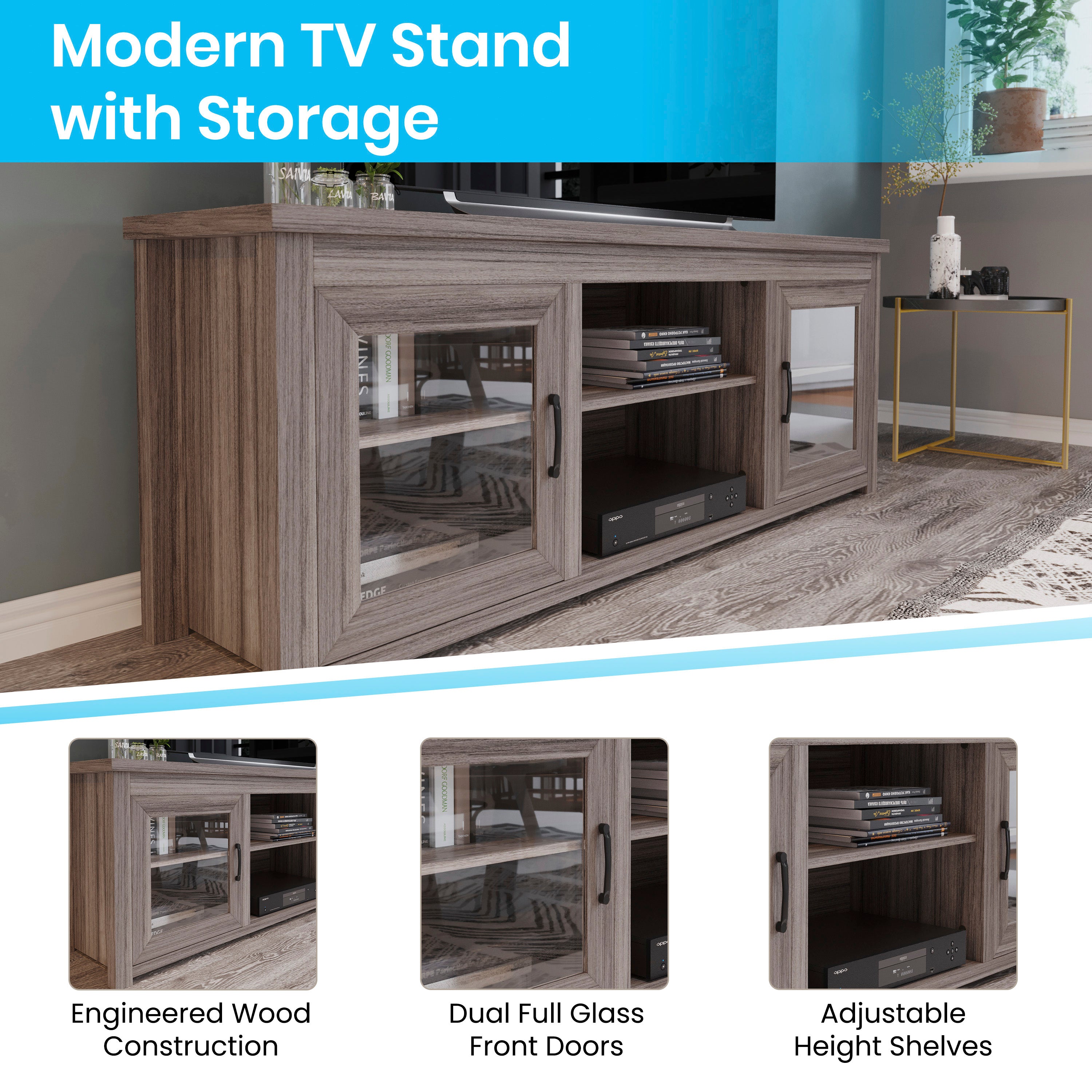 Sheffield Classic TV Stand for up to 80" TVs - Modern Finish with Full Glass Doors - 65" Engineered Wood Frame - 3 Shelves