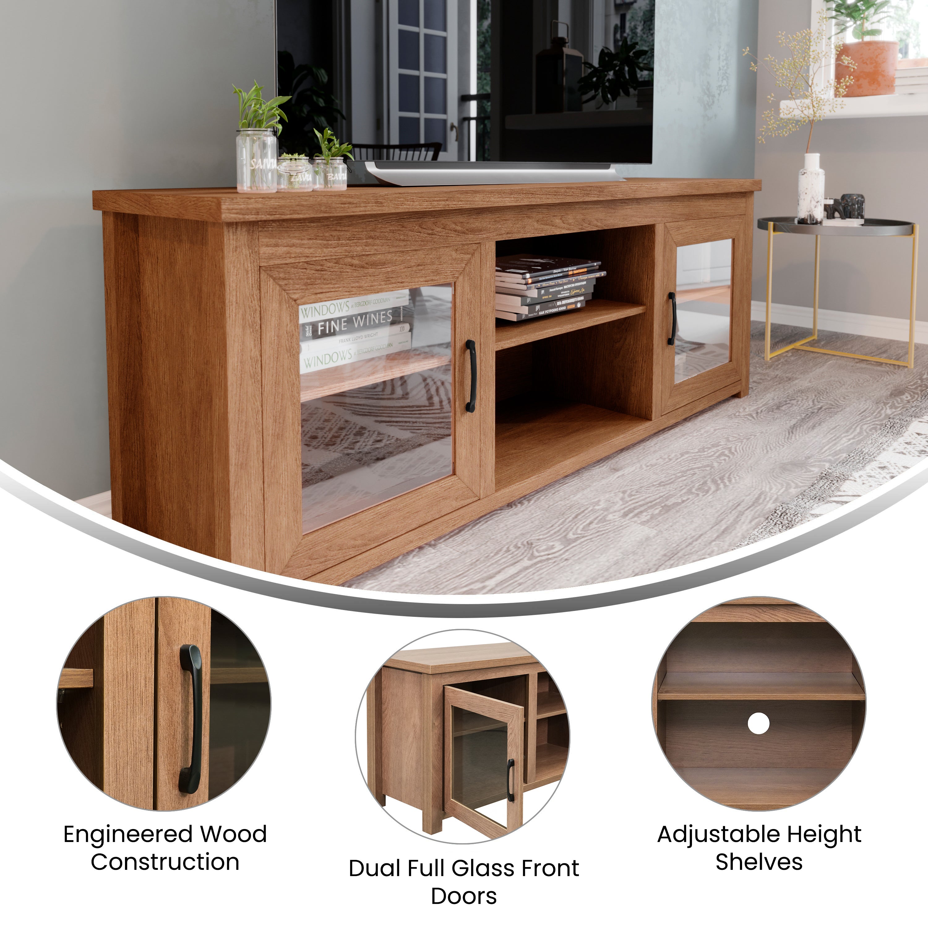 Sheffield Classic TV Stand for up to 80" TVs - Modern Finish with Full Glass Doors - 65" Engineered Wood Frame - 3 Shelves