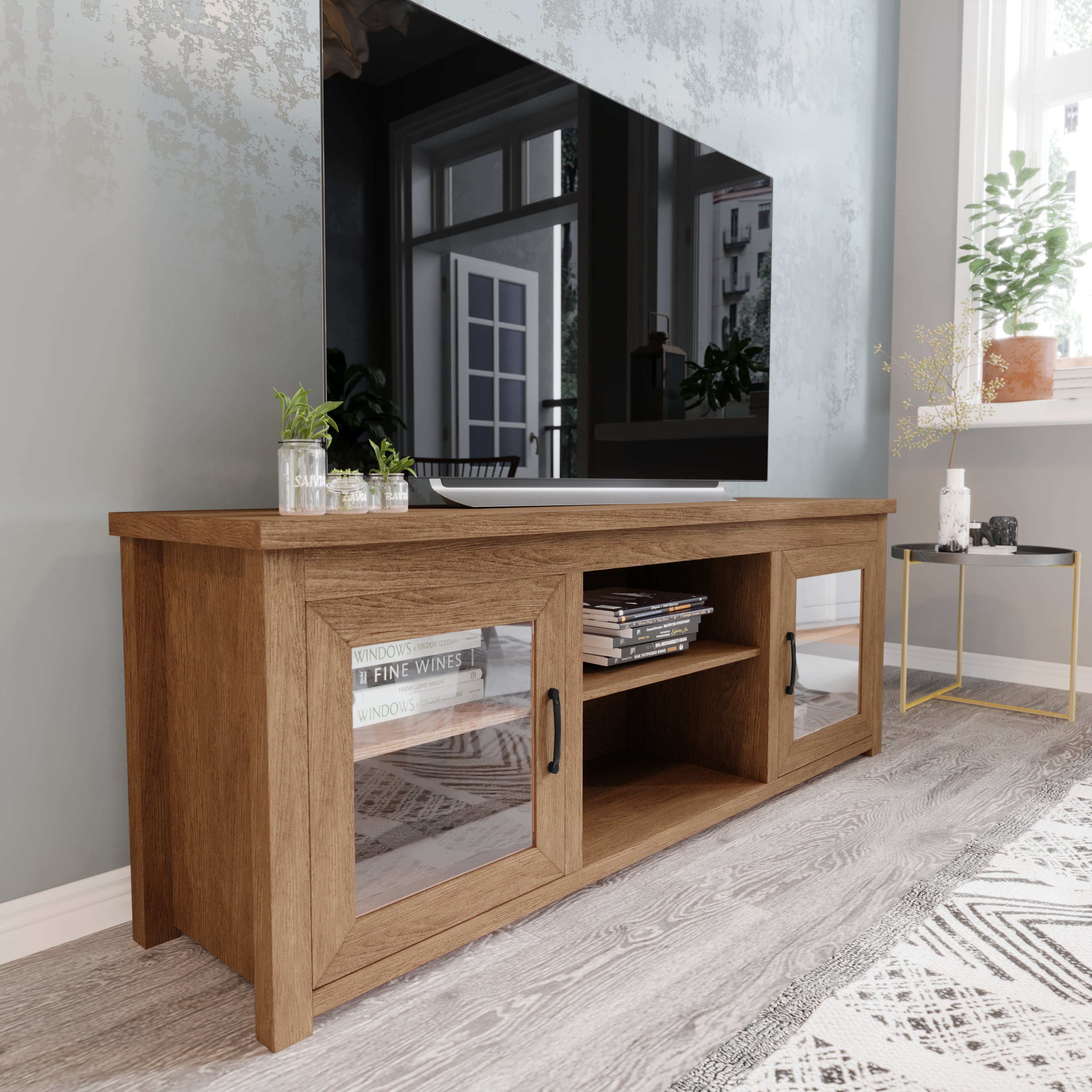 Sheffield Classic TV Stand for up to 80" TVs - Modern Finish with Full Glass Doors - 65" Engineered Wood Frame - 3 Shelves