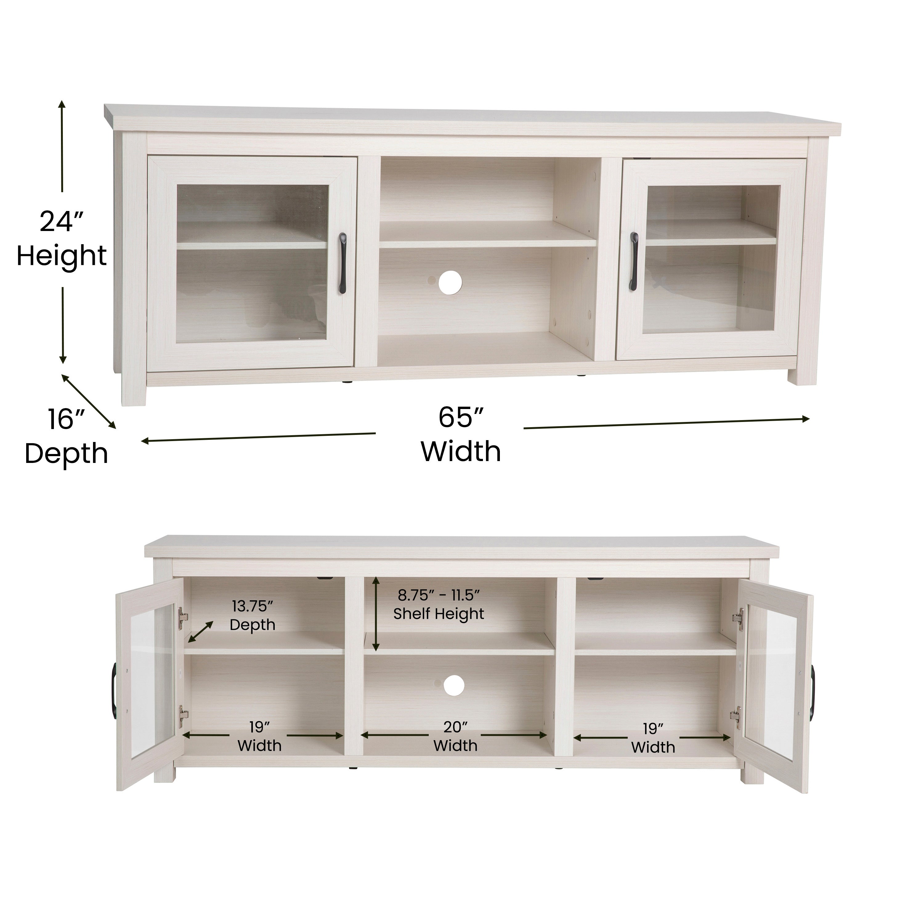 Sheffield Classic TV Stand for up to 80" TVs - Modern Finish with Full Glass Doors - 65" Engineered Wood Frame - 3 Shelves