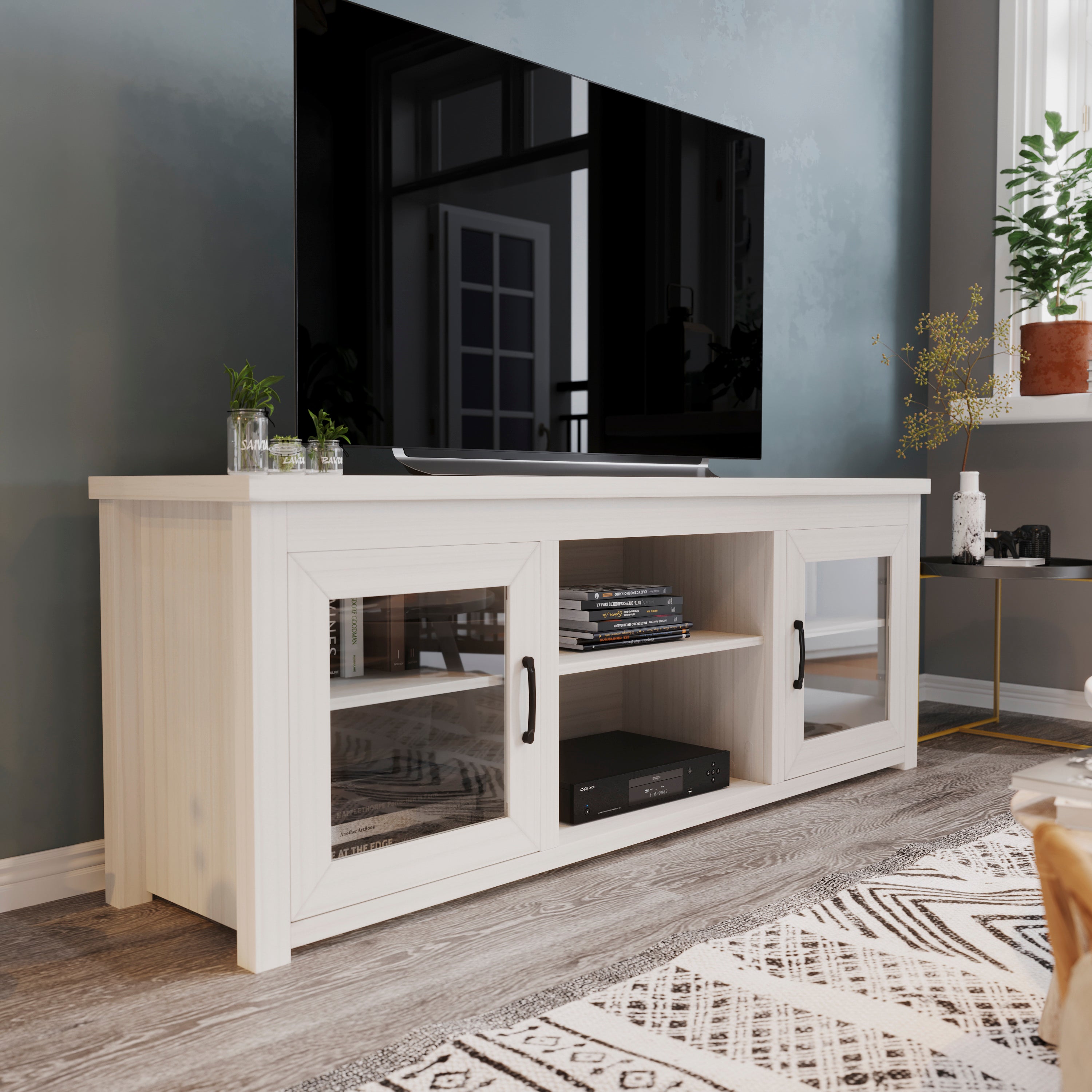Sheffield Classic TV Stand for up to 80" TVs - Modern Finish with Full Glass Doors - 65" Engineered Wood Frame - 3 Shelves
