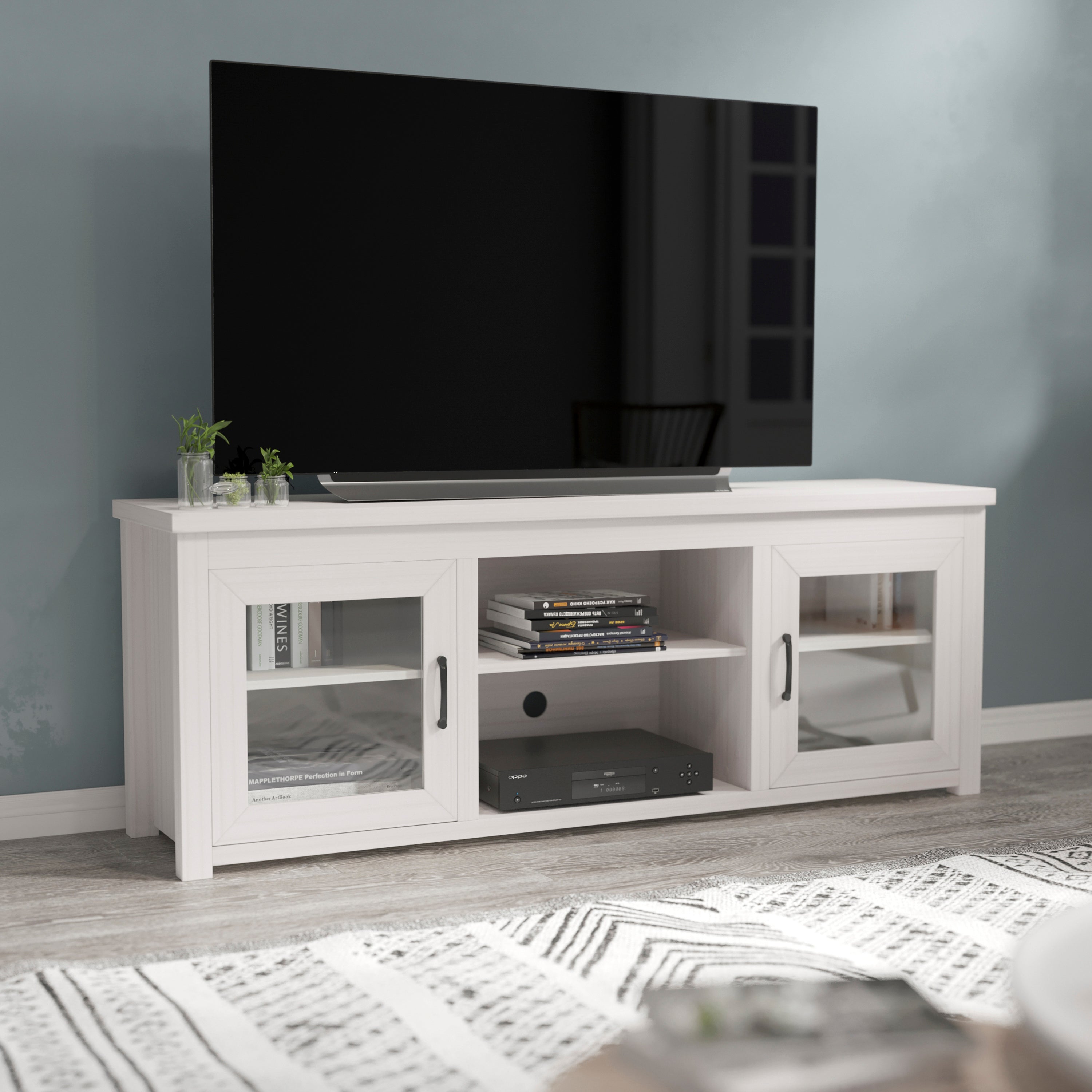 Sheffield Classic TV Stand for up to 80" TVs - Modern Finish with Full Glass Doors - 65" Engineered Wood Frame - 3 Shelves