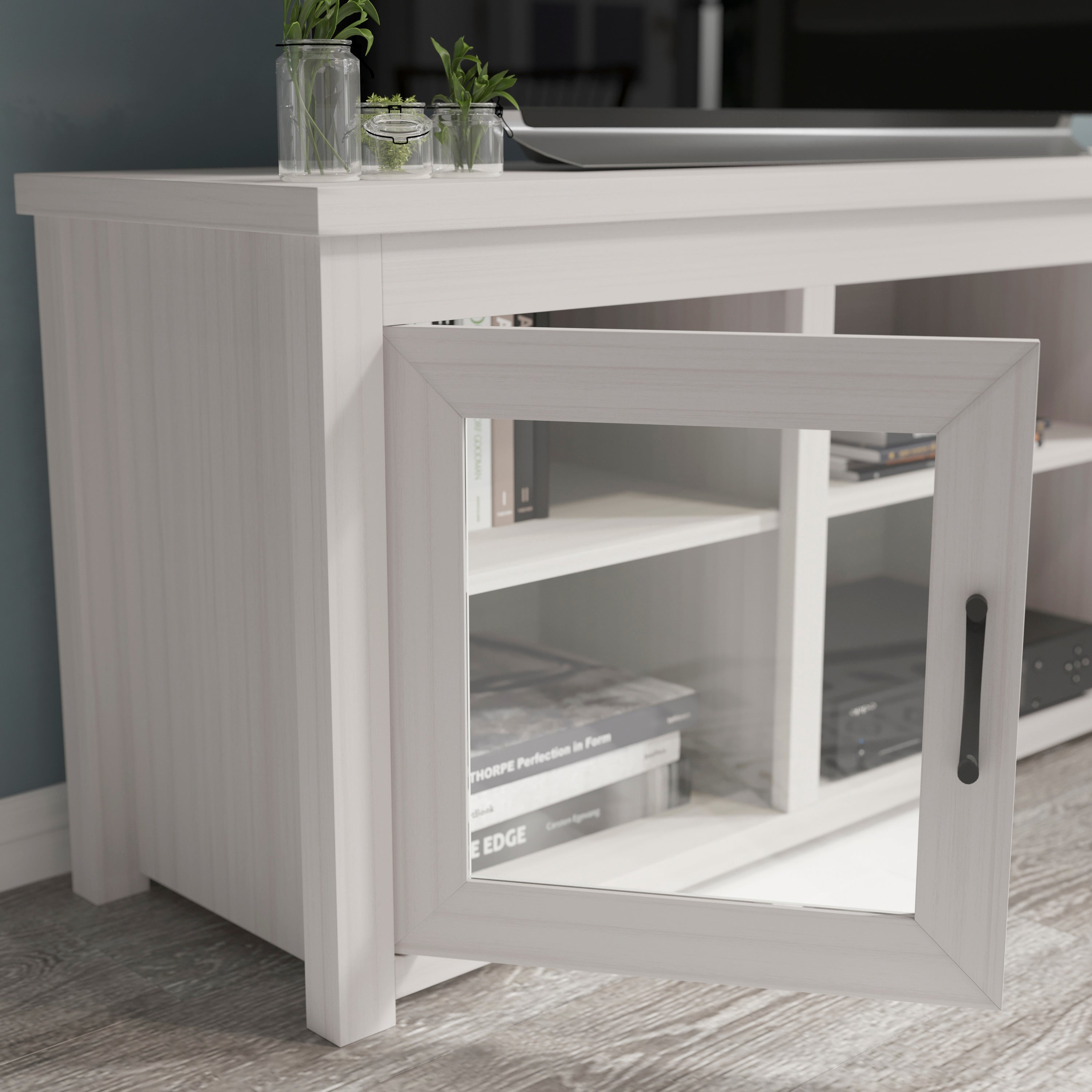 Sheffield Classic TV Stand for up to 80" TVs - Modern Finish with Full Glass Doors - 65" Engineered Wood Frame - 3 Shelves