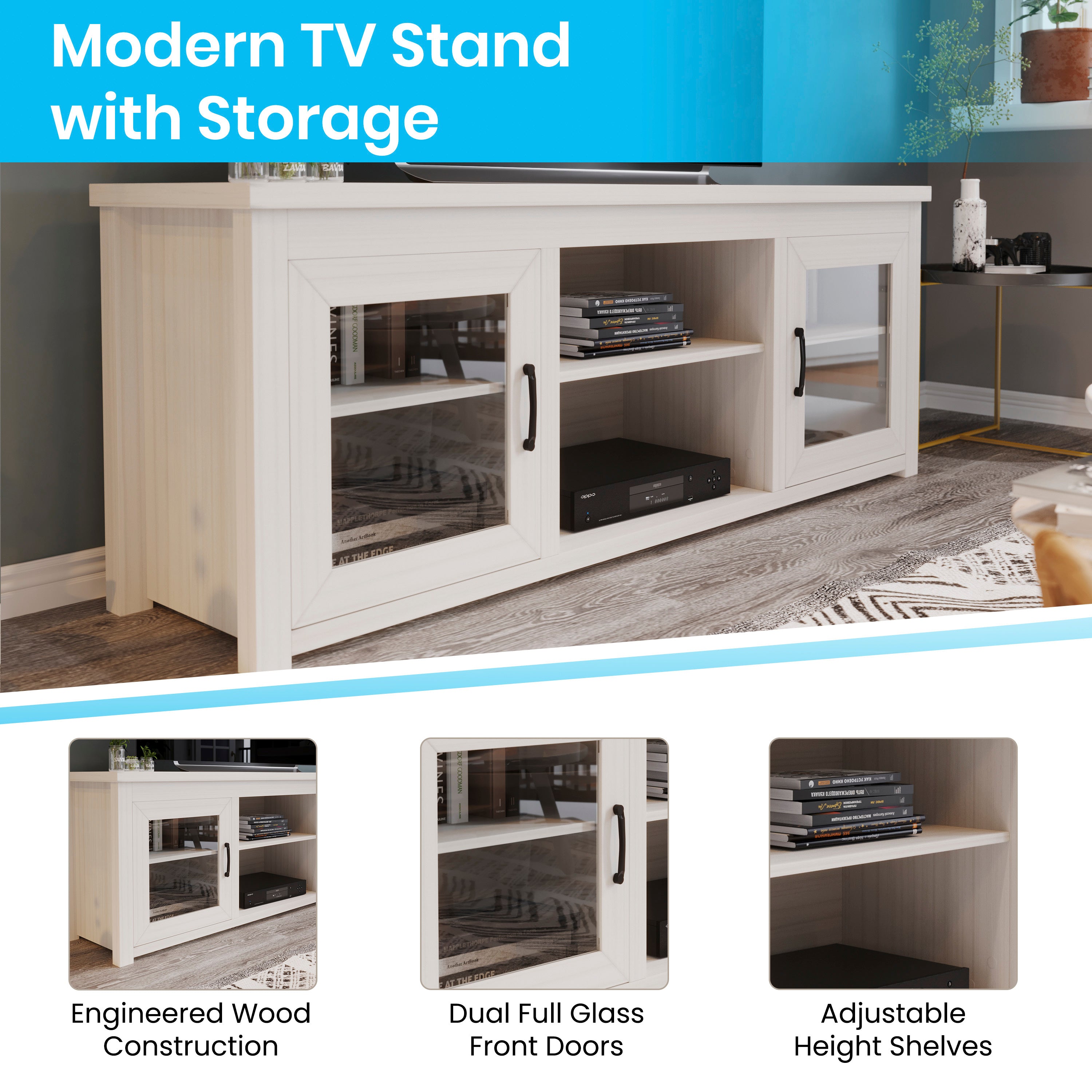 Sheffield Classic TV Stand for up to 80" TVs - Modern Finish with Full Glass Doors - 65" Engineered Wood Frame - 3 Shelves