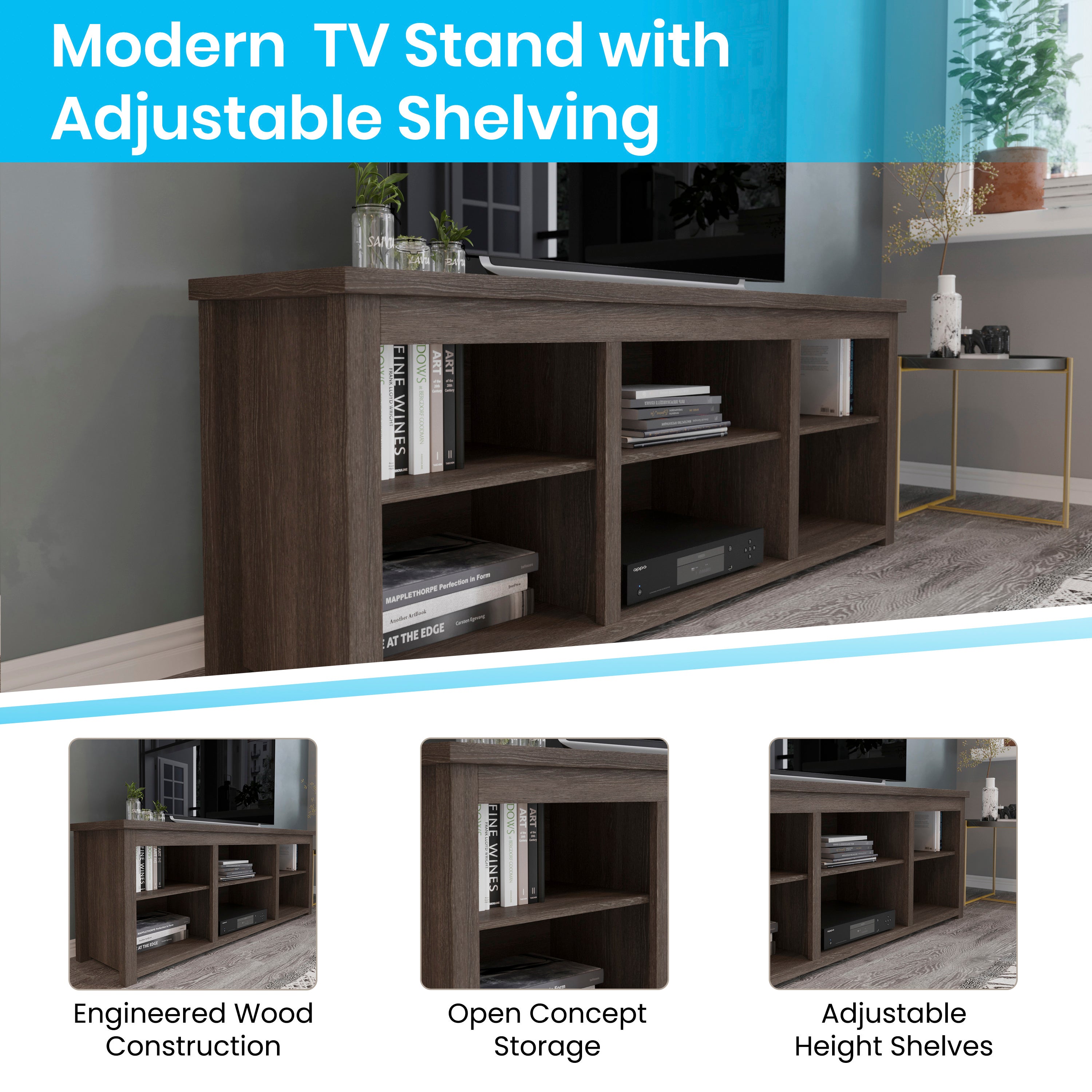 Kilead Farmhouse TV Stand for up to 80" TVs - 65" Engineered Wood Framed Media Console with Open Storage