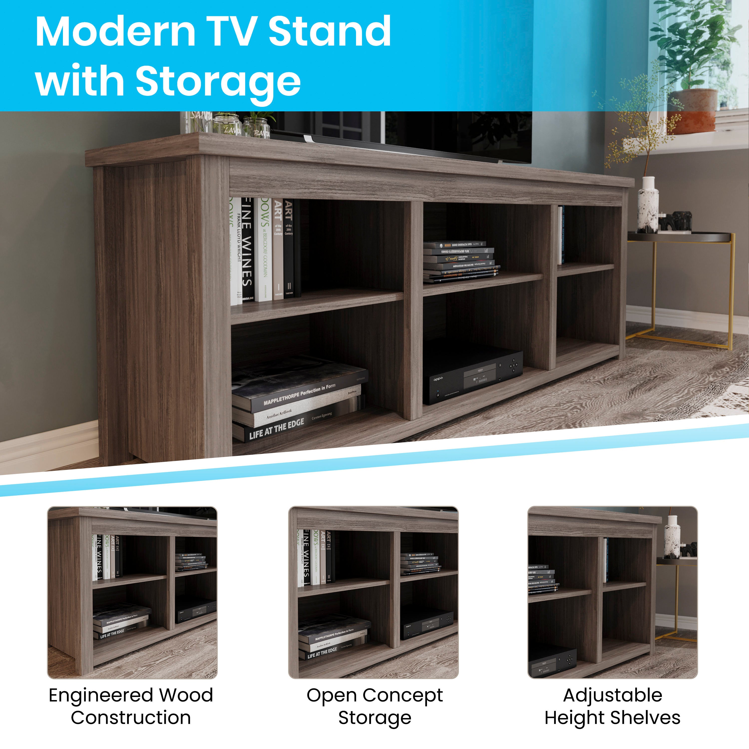 Kilead Farmhouse TV Stand for up to 80" TVs - 65" Engineered Wood Framed Media Console with Open Storage