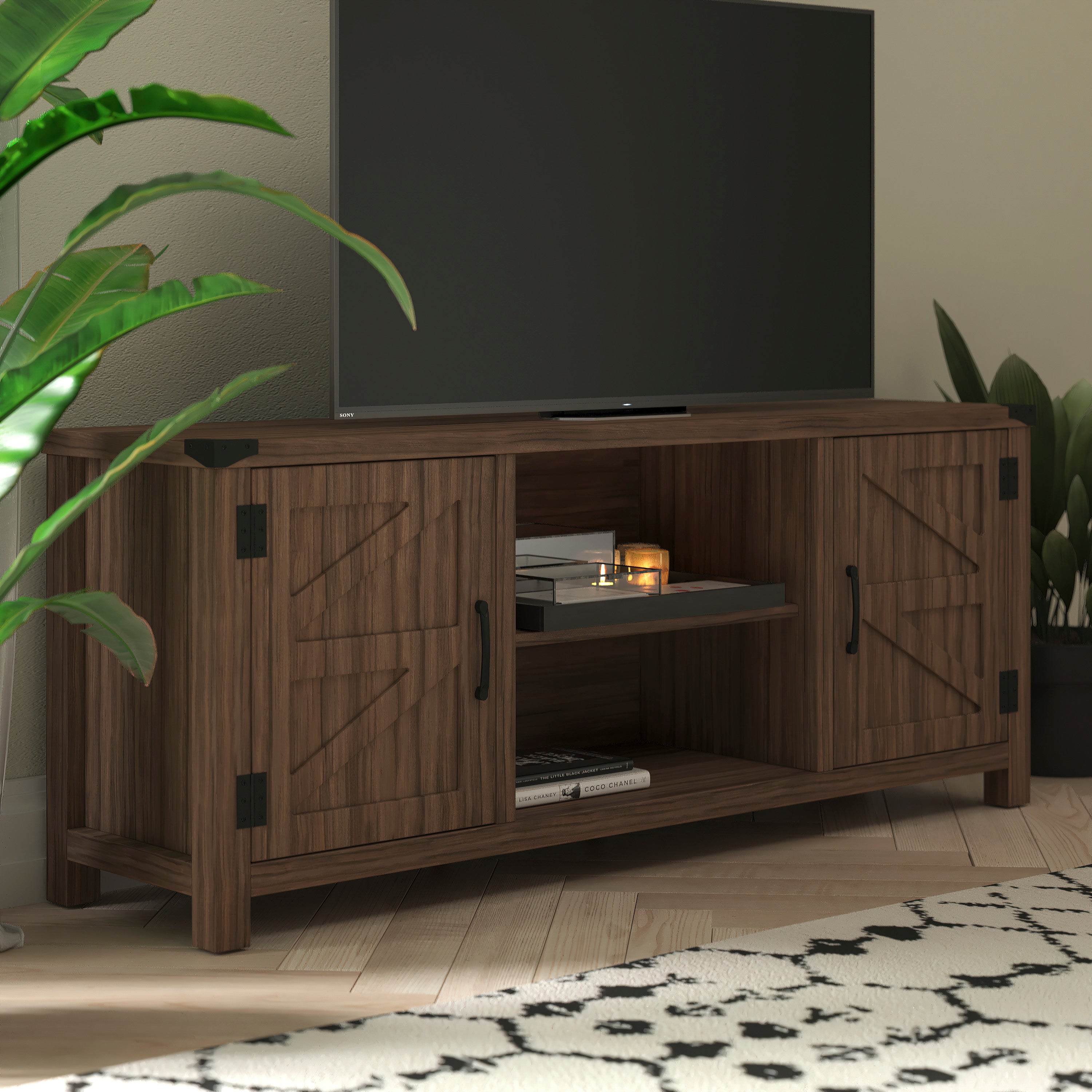Charlotte Modern Farmhouse Barn Door TV Stand for TV's up to 65 Inches - 59 Inch Industrial Entertainment Center with Adjustable Shelf