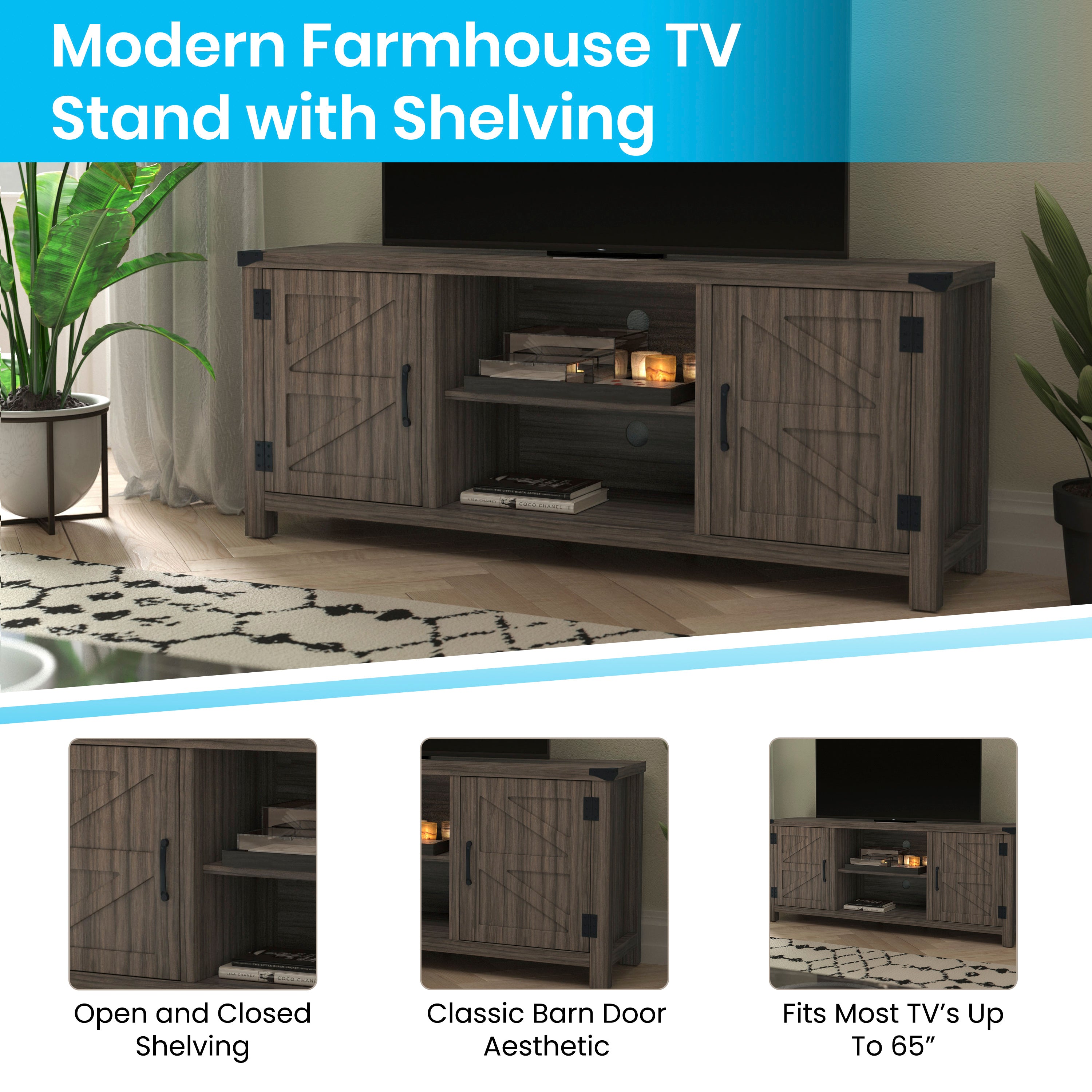 Charlotte Modern Farmhouse Barn Door TV Stand for TV's up to 65 Inches - 59 Inch Industrial Entertainment Center with Adjustable Shelf-TV Stand-Flash Furniture-Wall2Wall Furnishings