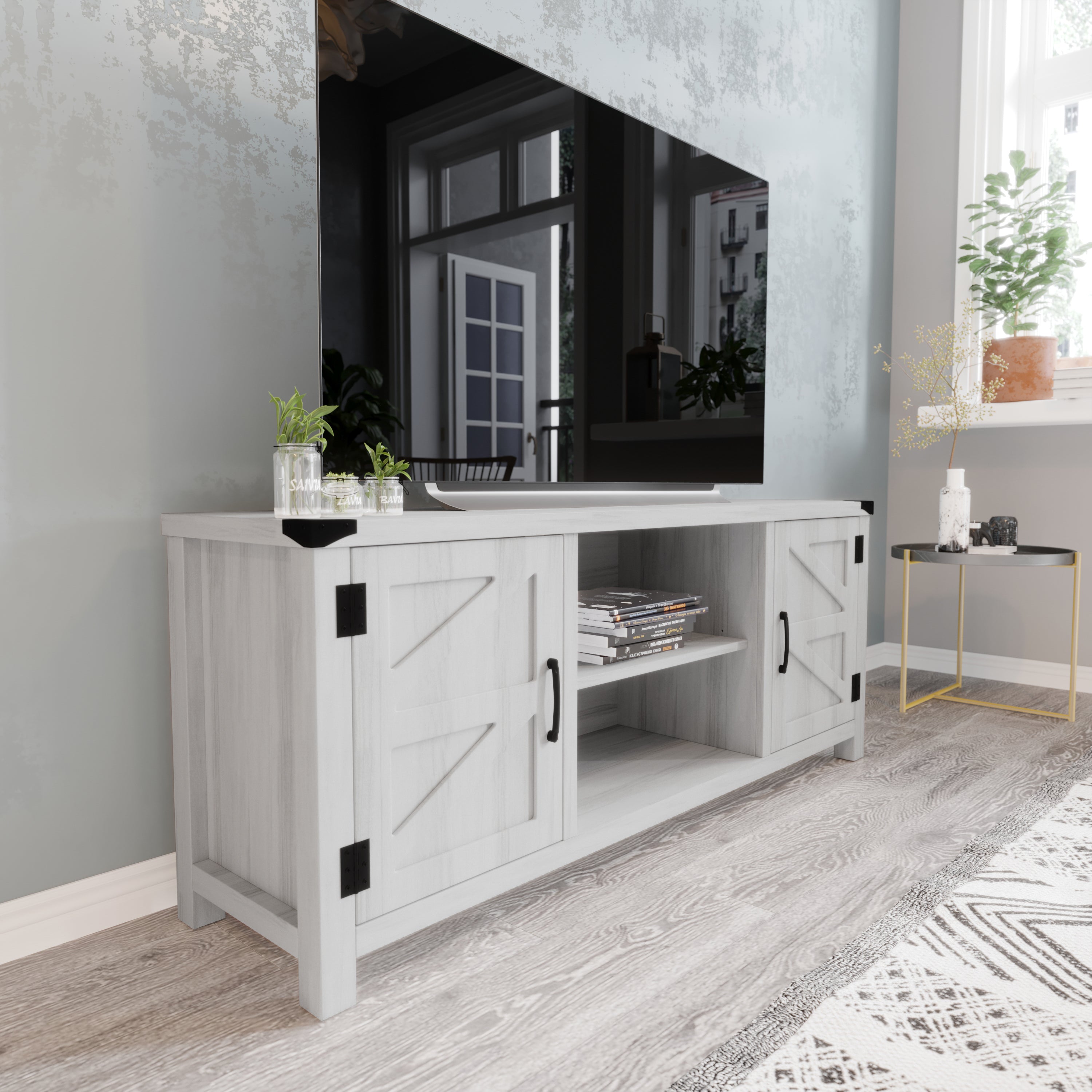 Charlotte Modern Farmhouse Barn Door TV Stand for TV's up to 65 Inches - 59 Inch Industrial Entertainment Center with Adjustable Shelf