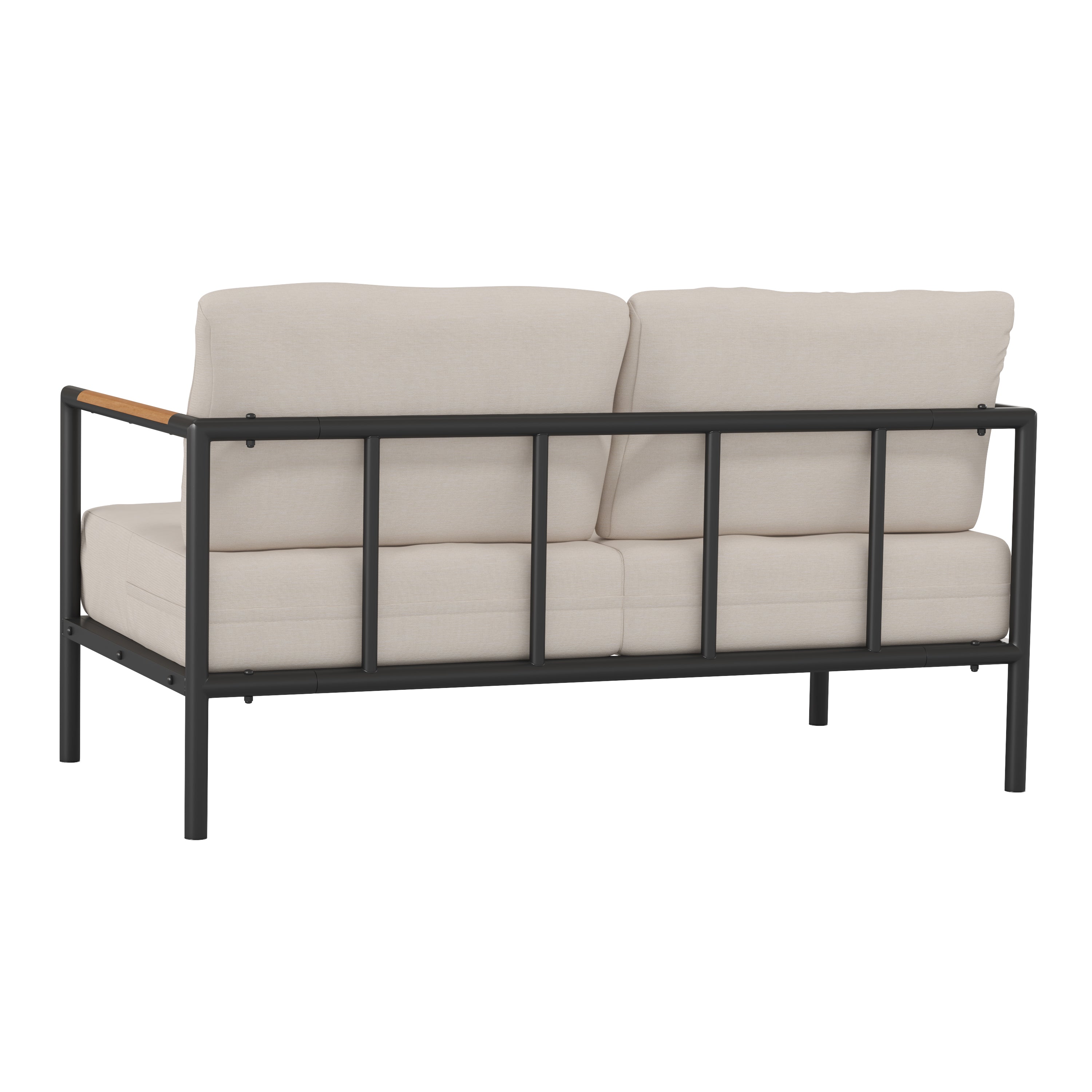 Lea Indoor/Outdoor Patio Loveseat with Cushions - Modern Aluminum Framed Loveseat with Teak Accent Arms-Outdoor Loveseat-Flash Furniture-Wall2Wall Furnishings