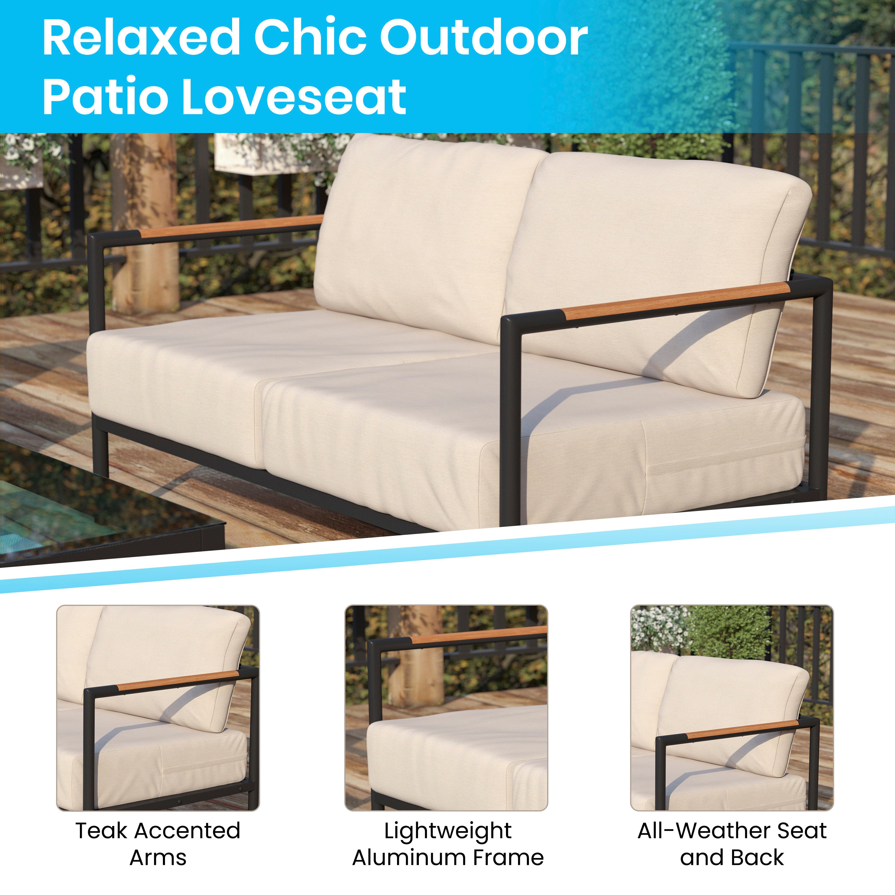 Lea Indoor/Outdoor Patio Loveseat with Cushions - Modern Aluminum Framed Loveseat with Teak Accent Arms-Outdoor Loveseat-Flash Furniture-Wall2Wall Furnishings
