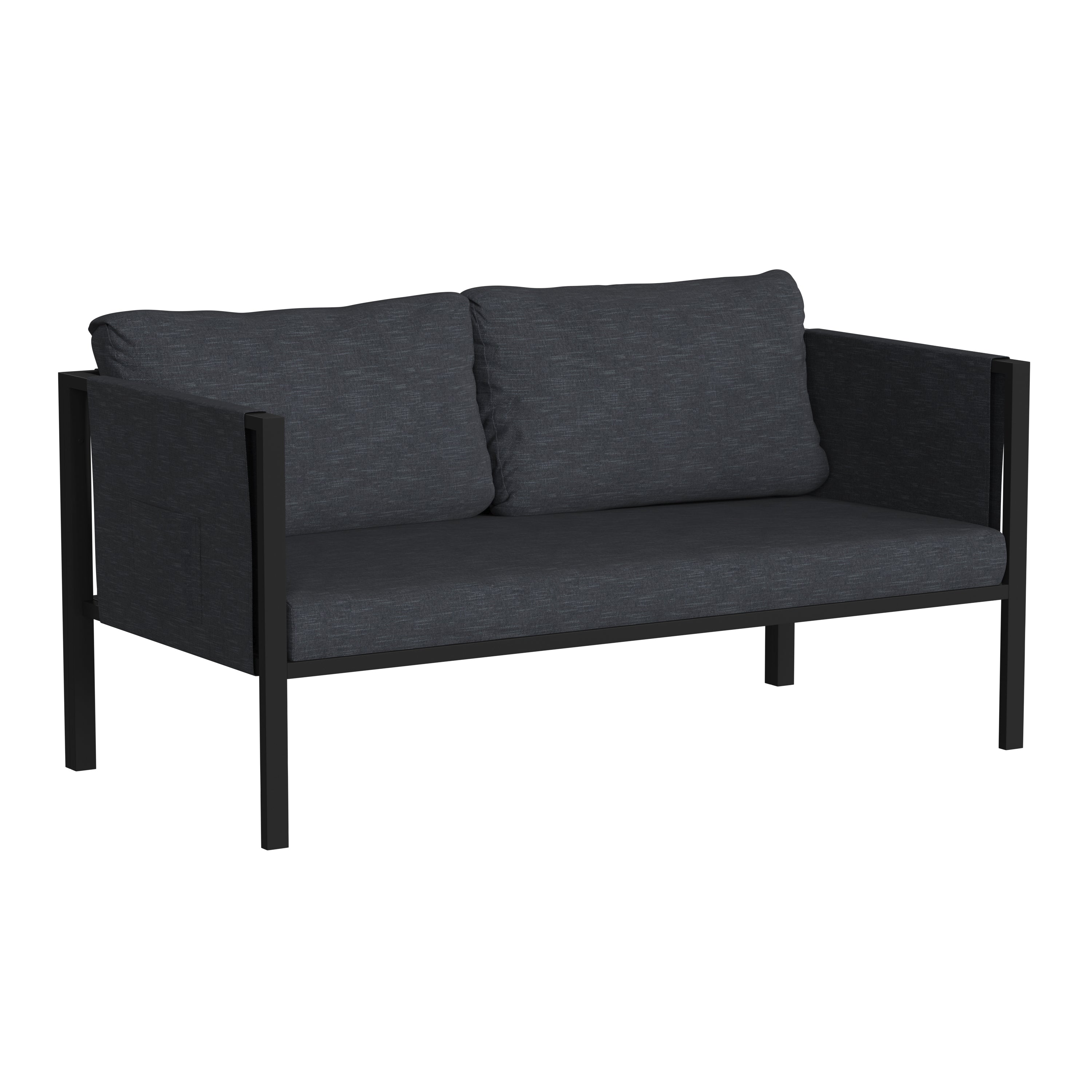 Lea Indoor/Outdoor Loveseat with Cushions - Modern Steel Framed Chair with Storage Pockets-Outdoor Loveseat-Flash Furniture-Wall2Wall Furnishings