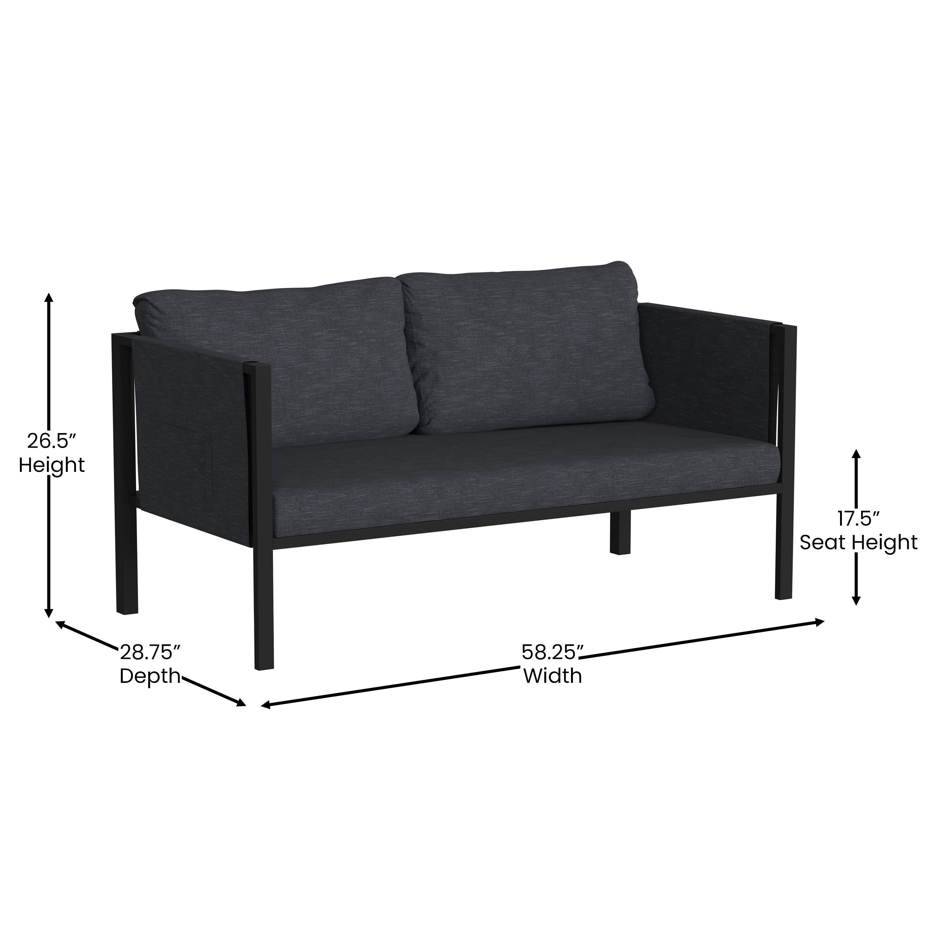 Lea Indoor/Outdoor Loveseat with Cushions - Modern Steel Framed Chair with Storage Pockets-Outdoor Loveseat-Flash Furniture-Wall2Wall Furnishings