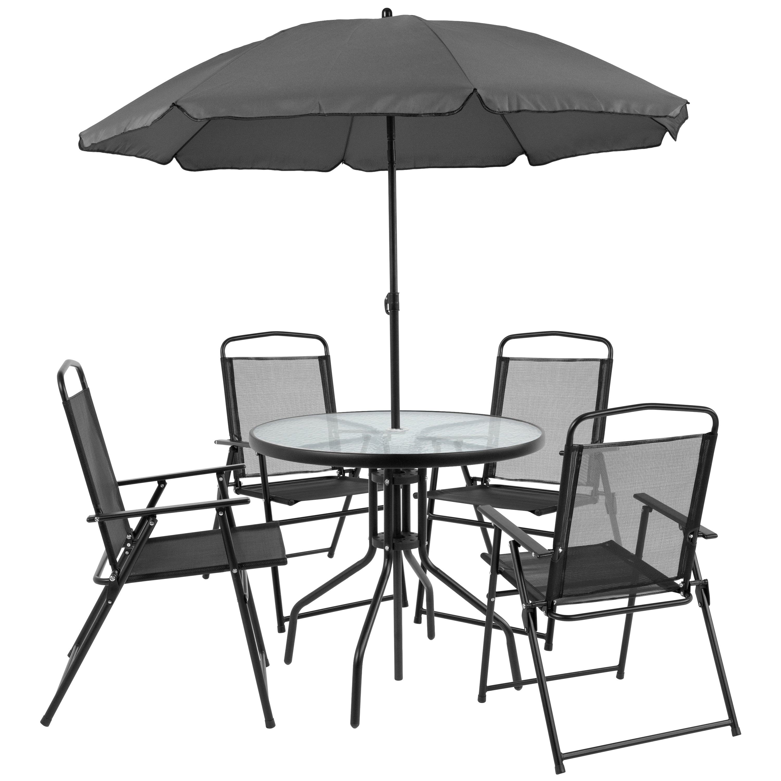 Nantucket 6 Piece Patio Garden Set with Table, Umbrella and 4 Folding Chairs-Outdoor Dining Set-Flash Furniture-Wall2Wall Furnishings