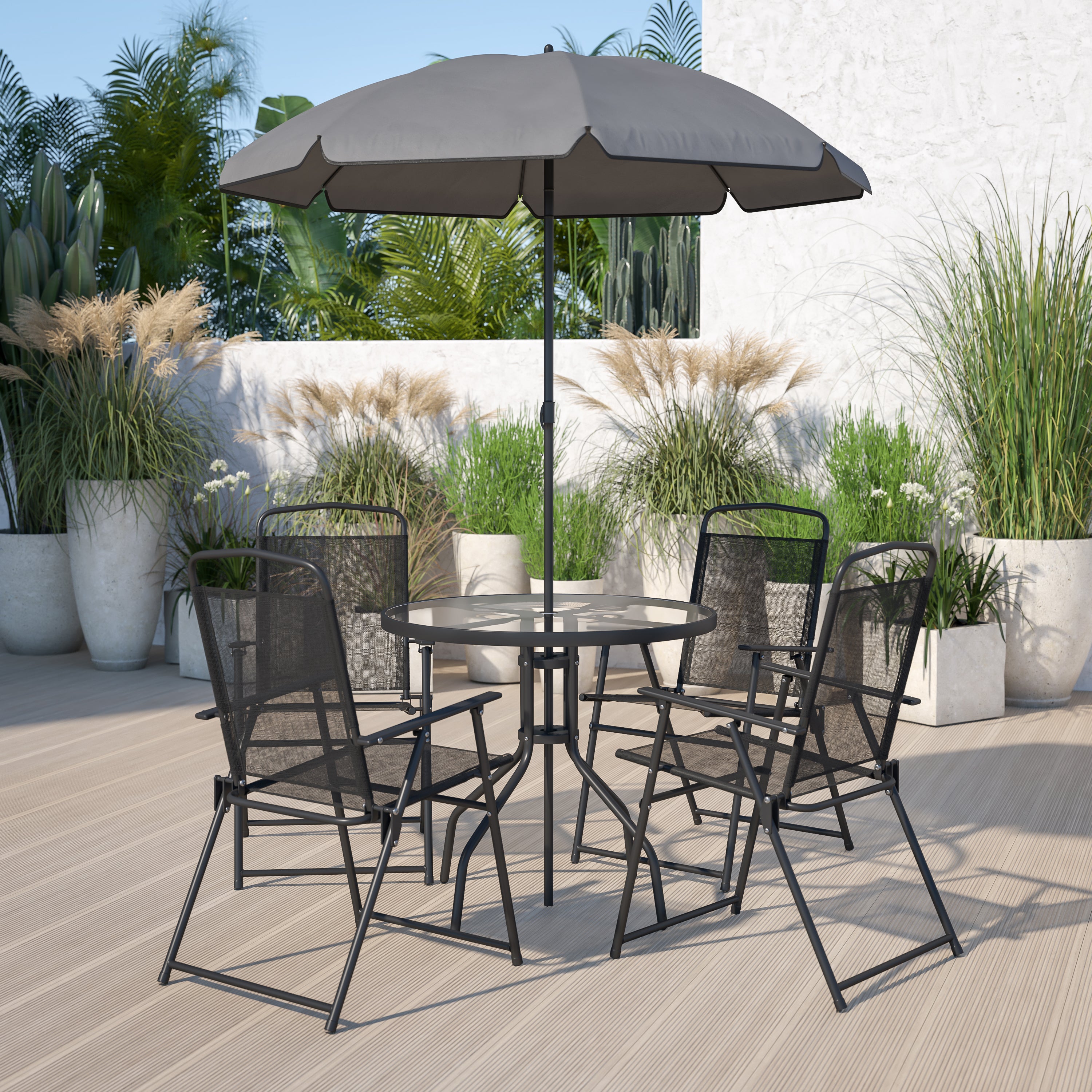 Nantucket 6 Piece Patio Garden Set with Table, Umbrella and 4 Folding Chairs-Outdoor Dining Set-Flash Furniture-Wall2Wall Furnishings