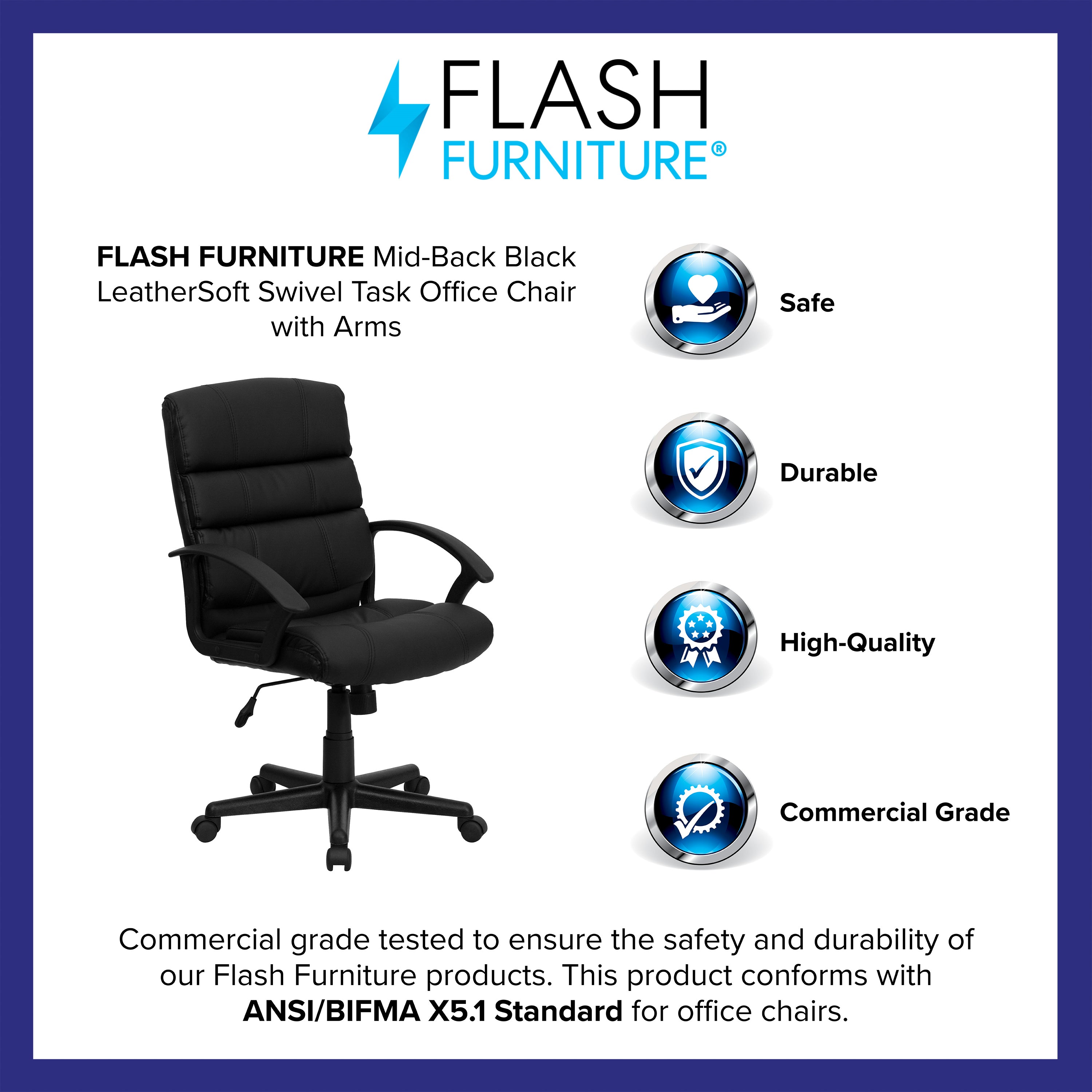Mid-Back LeatherSoft Swivel Task Office Chair with Accent Divided Back and Arms