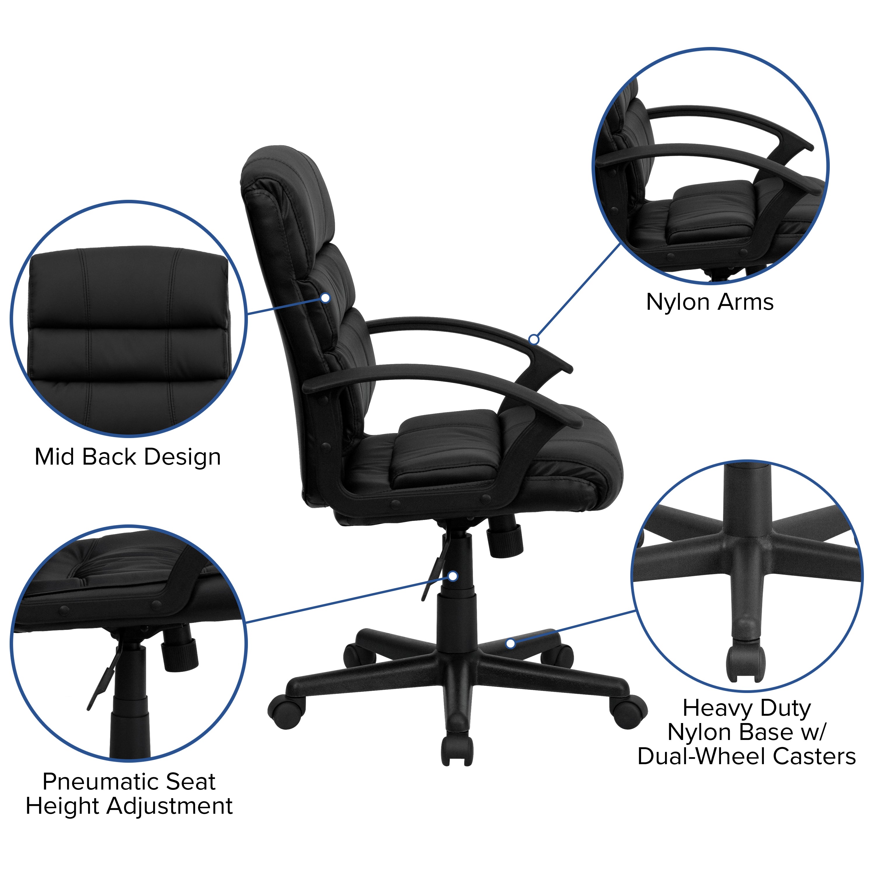 Mid-Back LeatherSoft Swivel Task Office Chair with Accent Divided Back and Arms
