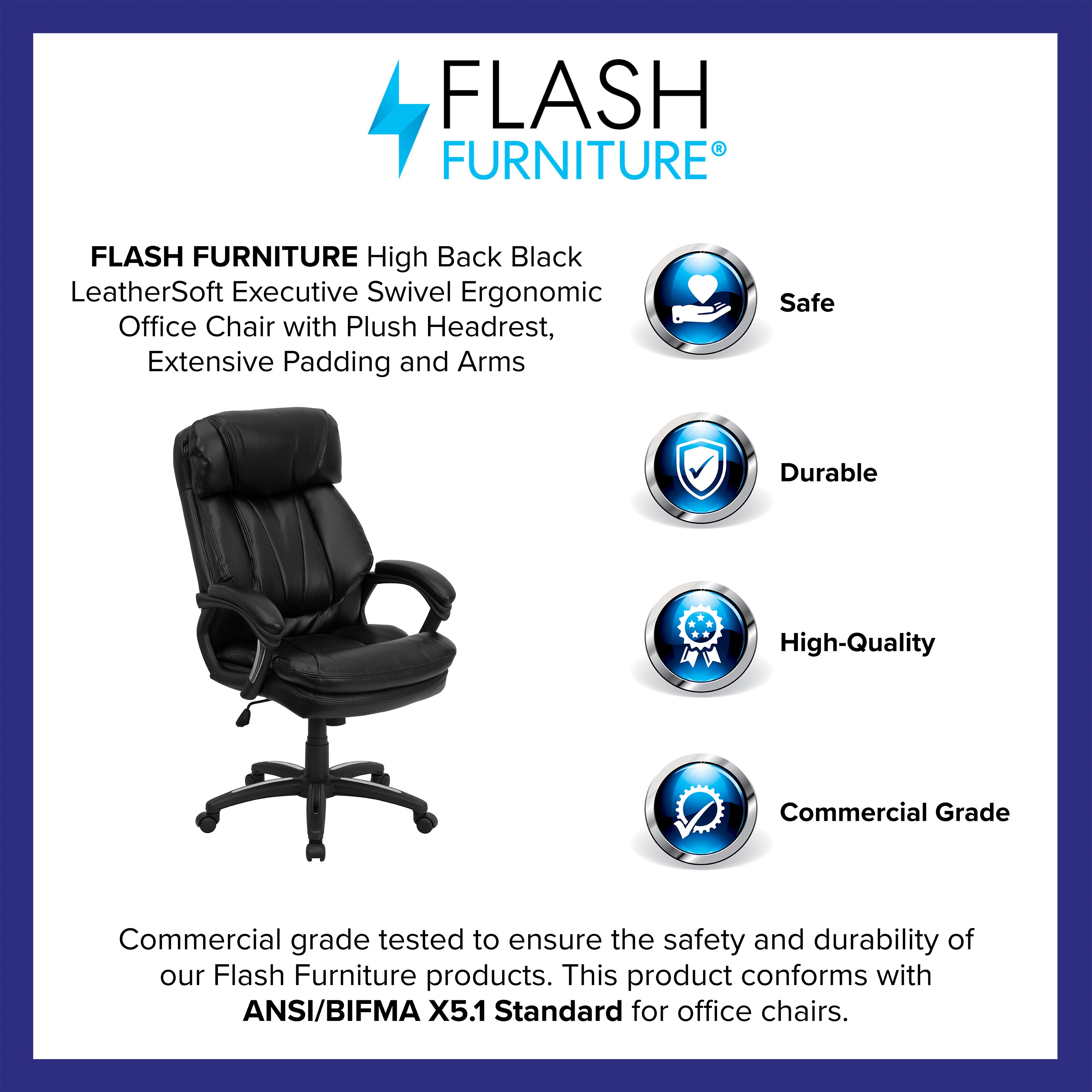 High Back LeatherSoft Executive Swivel Ergonomic Office Chair with Plush Headrest, Extensive Padding and Arms