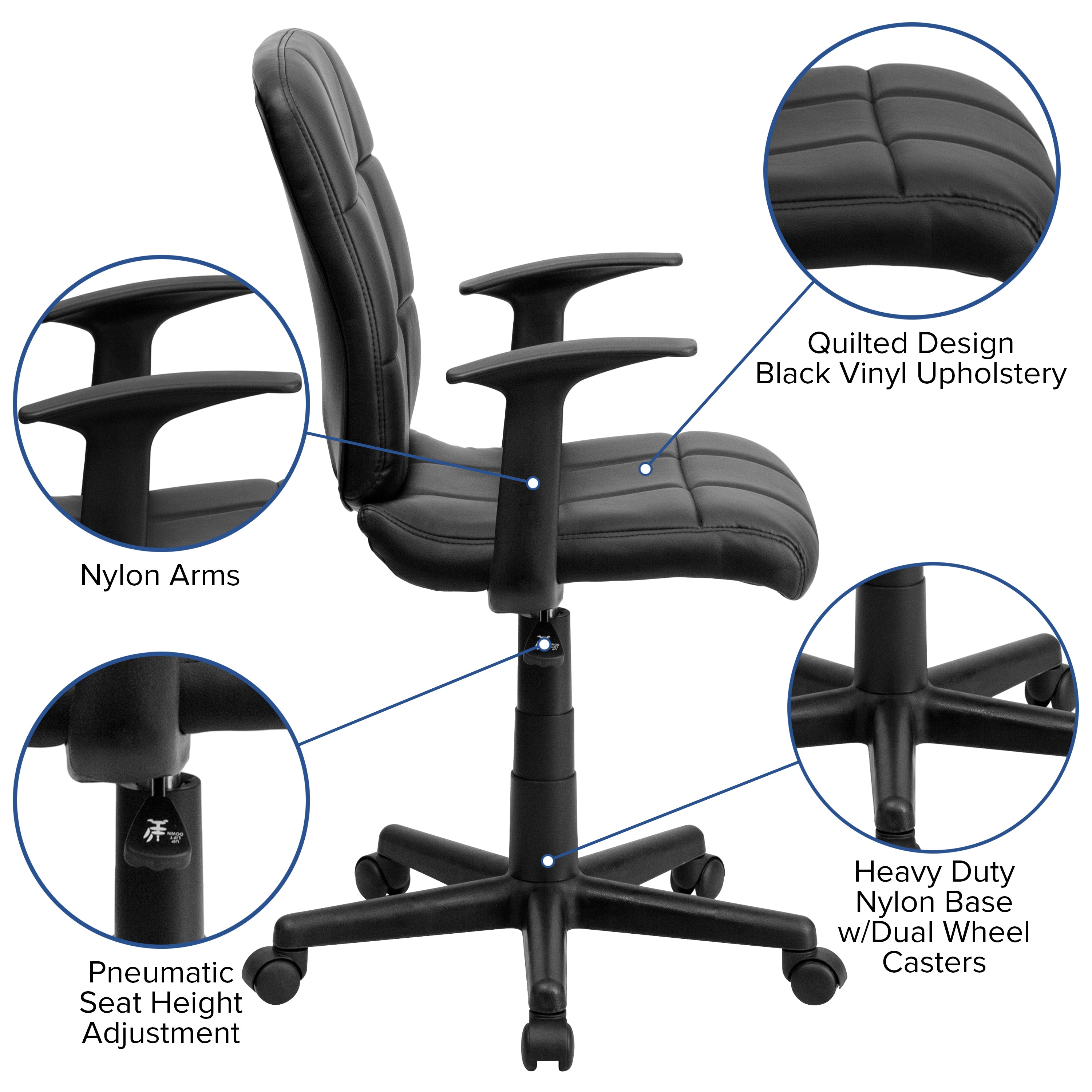 Mid-Back Quilted Vinyl Swivel Task Office Chair with Arms