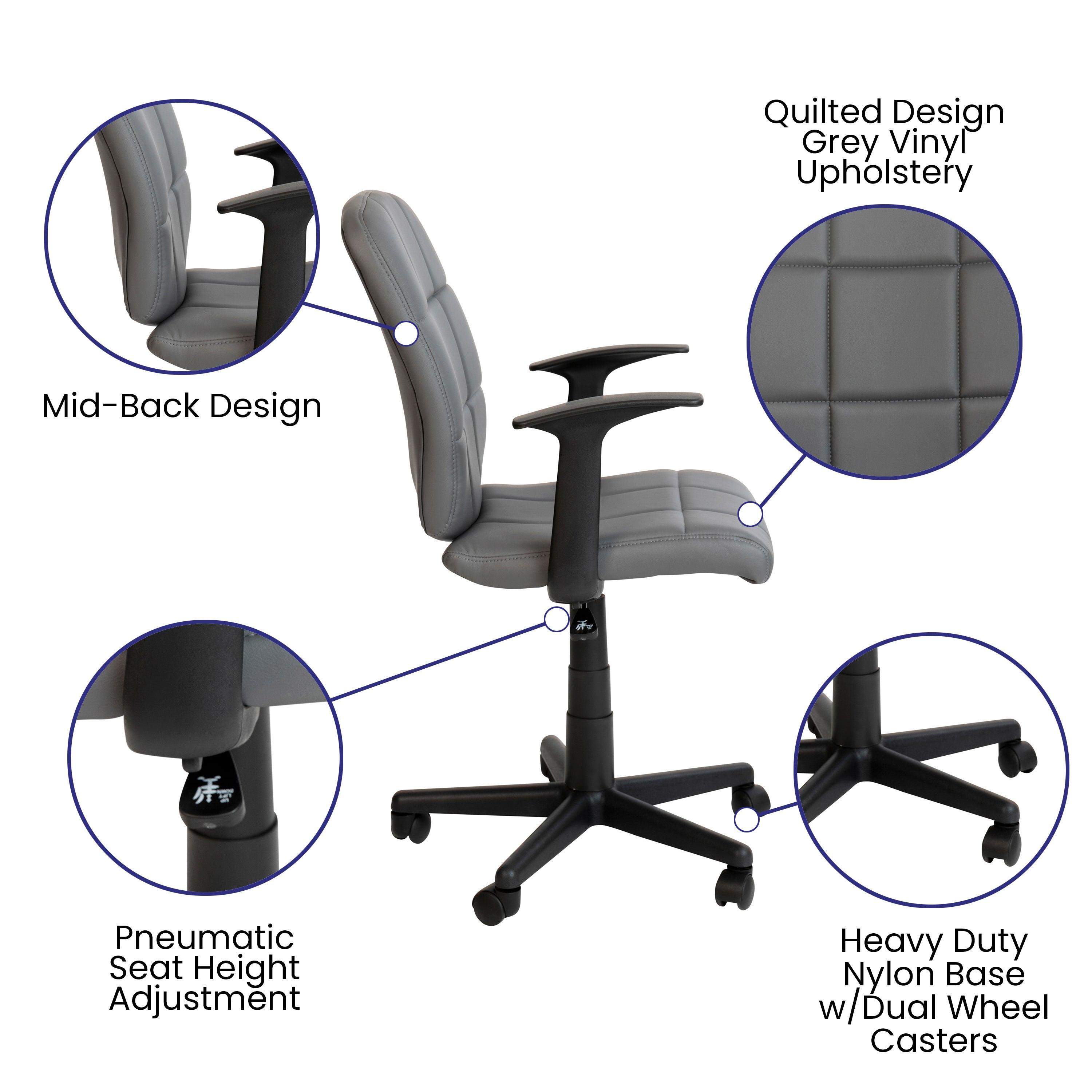 Mid-Back Quilted Vinyl Swivel Task Office Chair with Arms