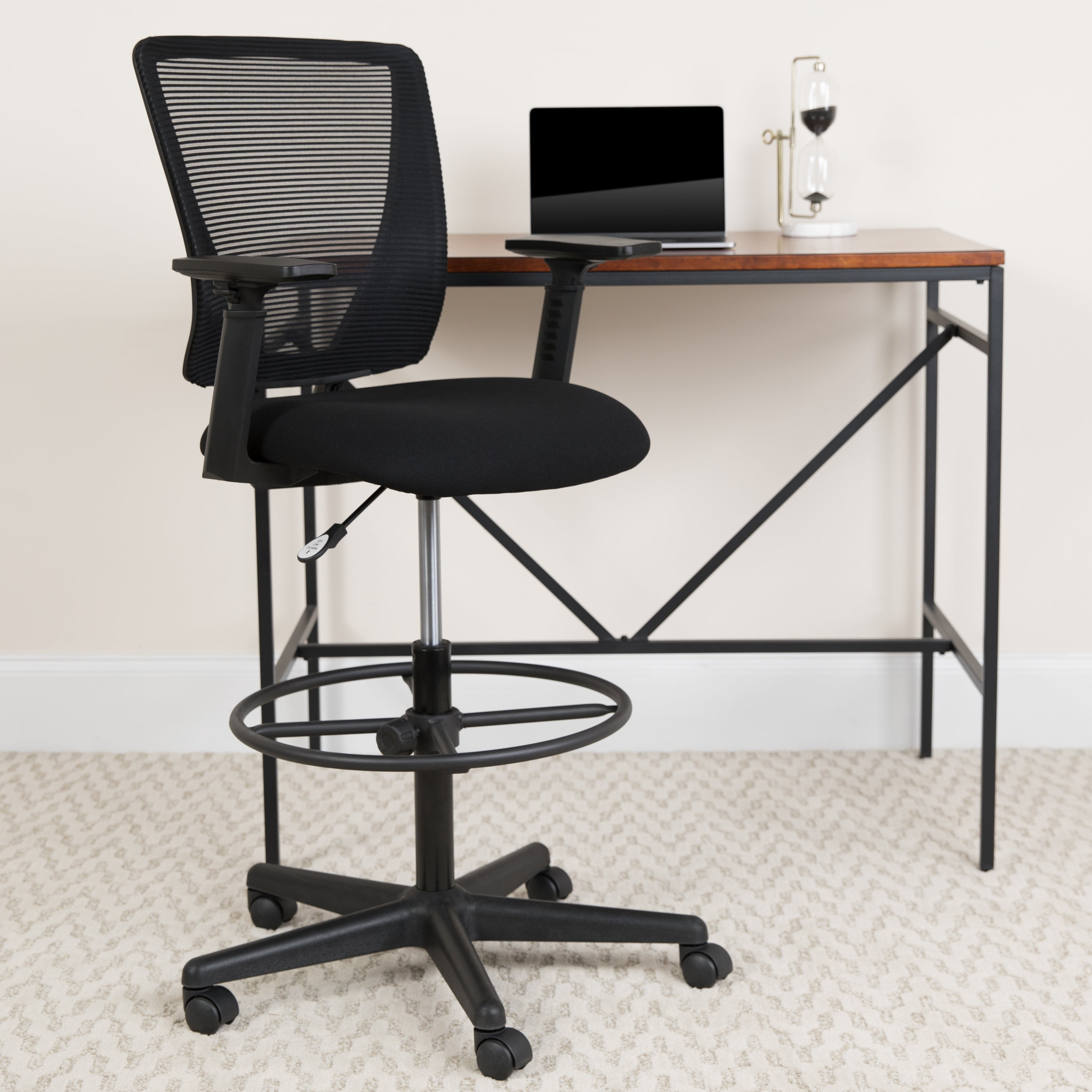 Ergonomic Mid-Back Mesh Drafting Chair with Fabric Seat, Adjustable Foot Ring and Arms-Office Chair-Flash Furniture-Wall2Wall Furnishings