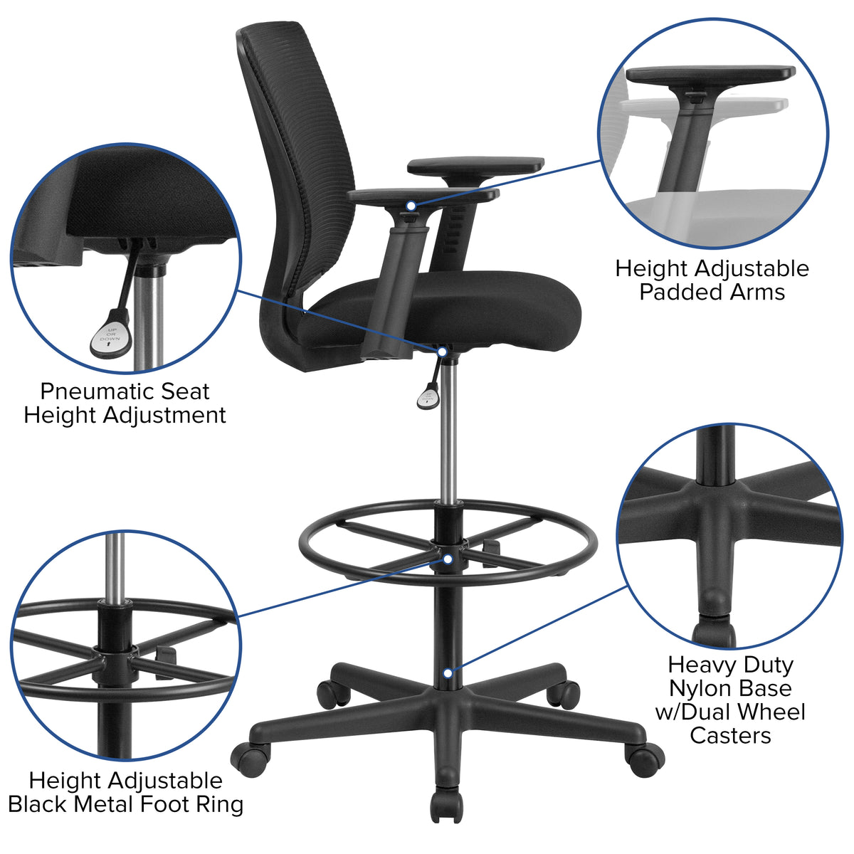 Ergonomic Mid-Back Mesh Drafting Chair with Fabric Seat, Adjustable Foot Ring and Arms