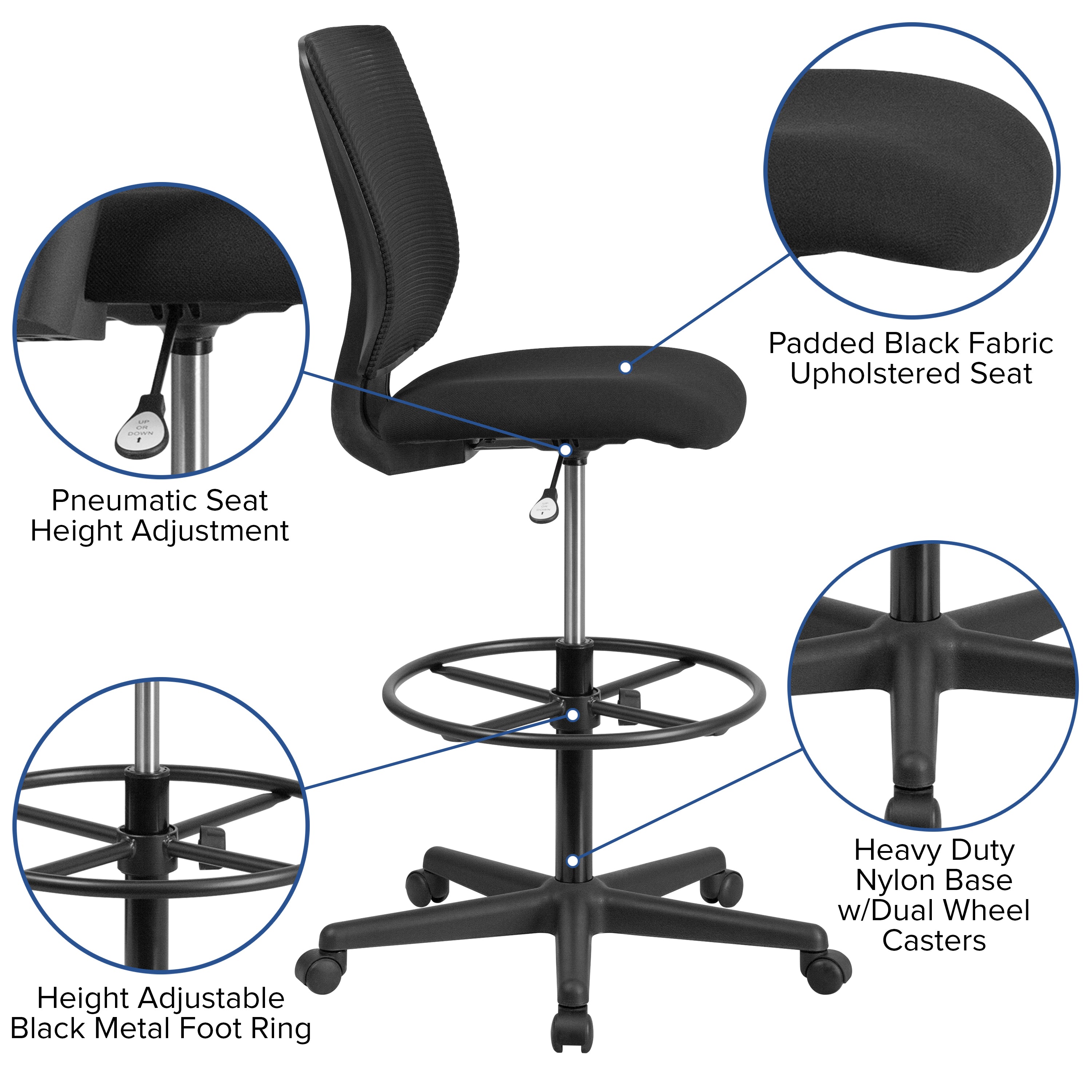 Ergonomic Mid-Back Mesh Drafting Chair with Fabric Seat and Adjustable Foot Ring-Office Chair-Flash Furniture-Wall2Wall Furnishings