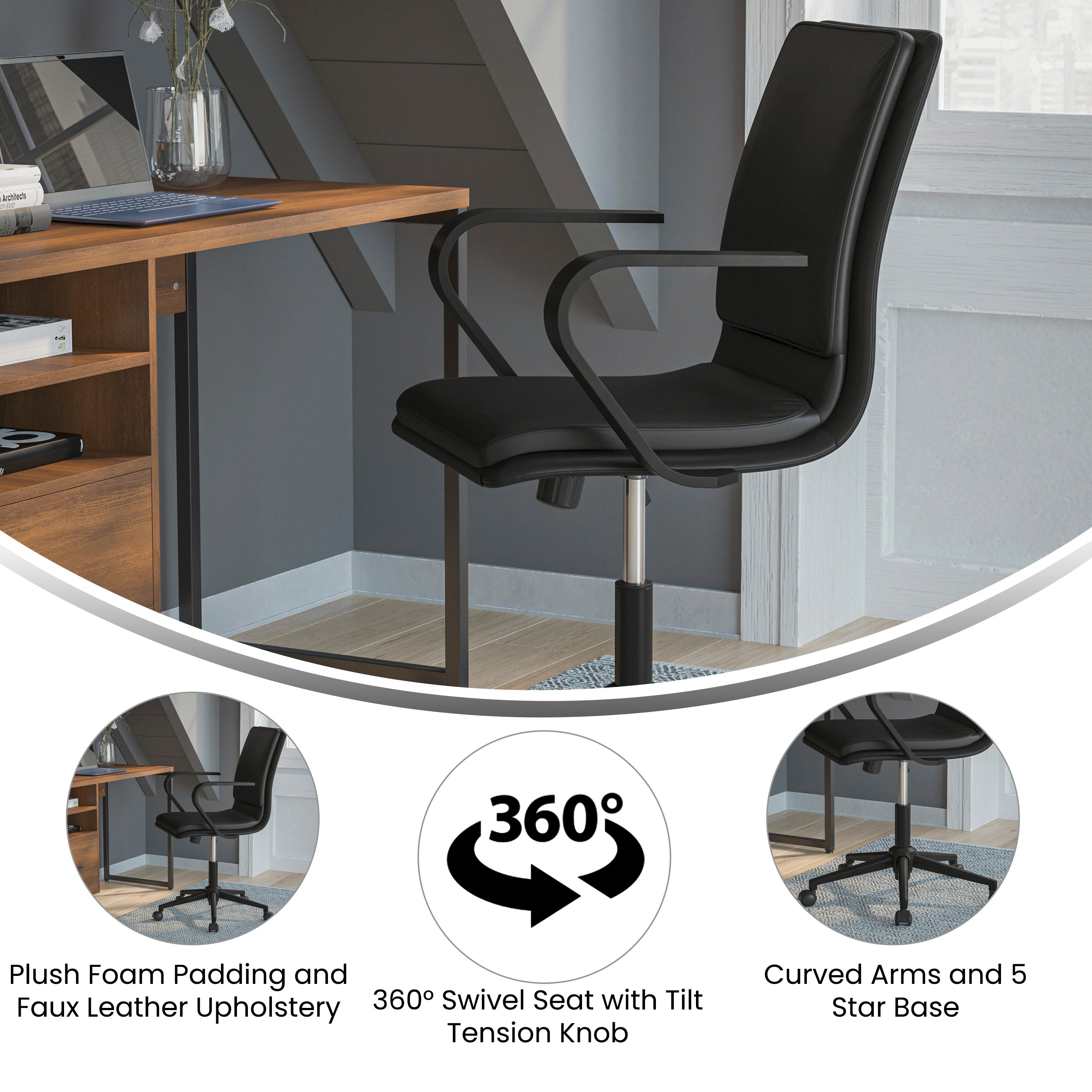 James Mid-Back Designer Executive Upholstered Office Chair with Brushed Metal Base and Arms
