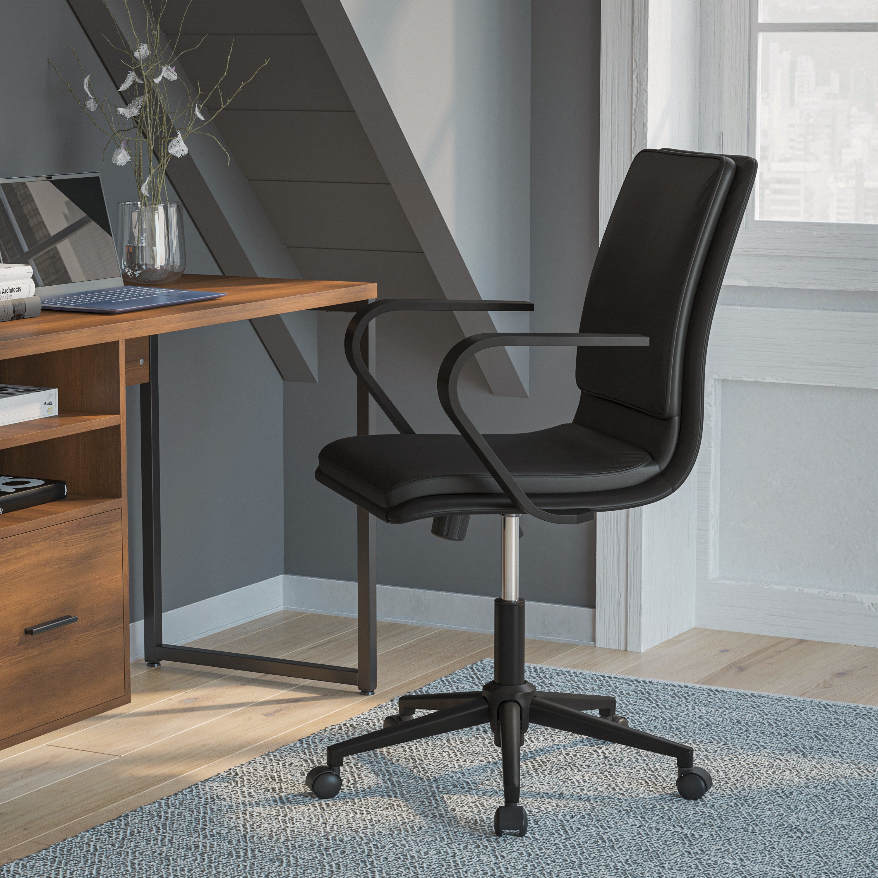 James Mid-Back Designer Executive Upholstered Office Chair with Brushed Metal Base and Arms