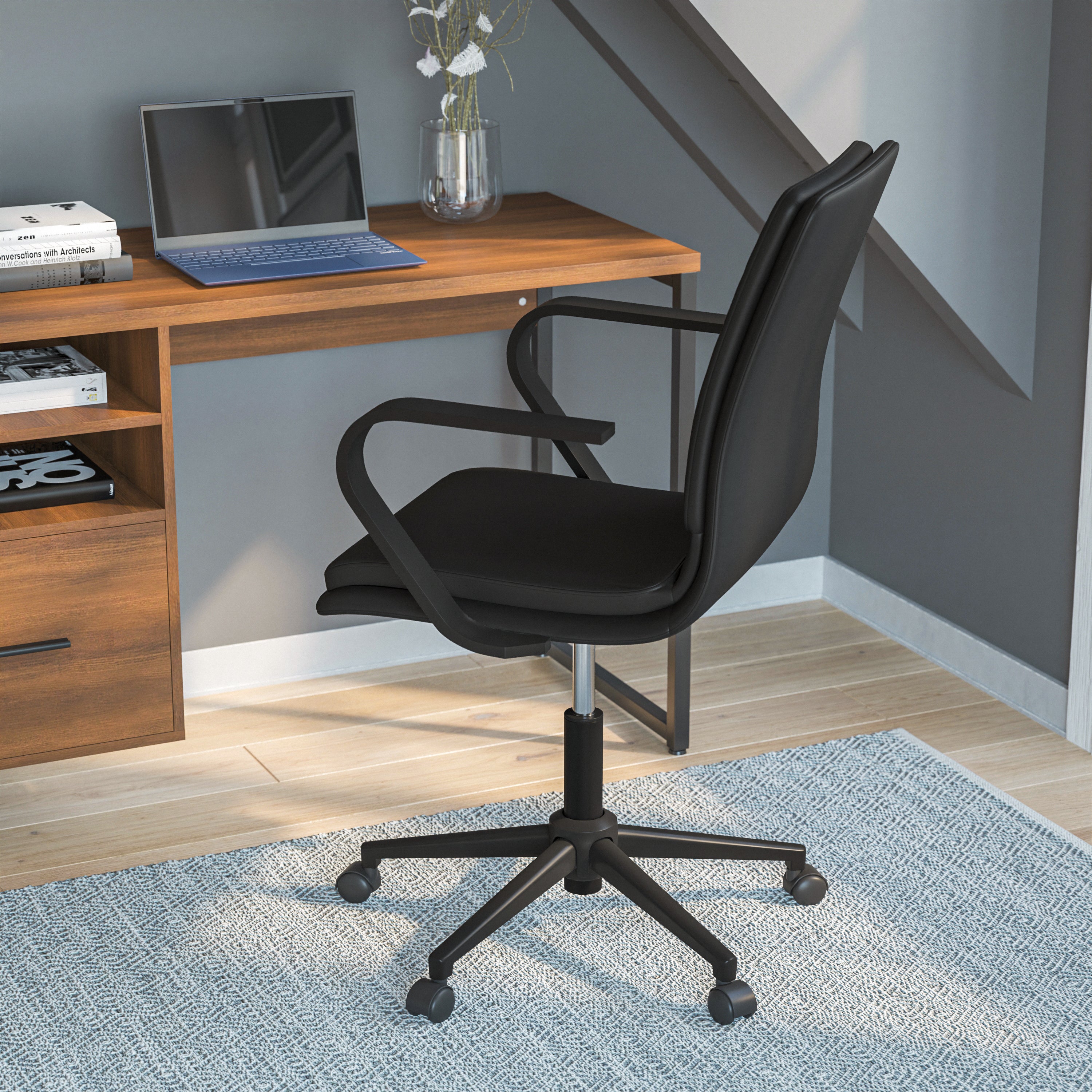 James Mid-Back Designer Executive Upholstered Office Chair with Brushed Metal Base and Arms