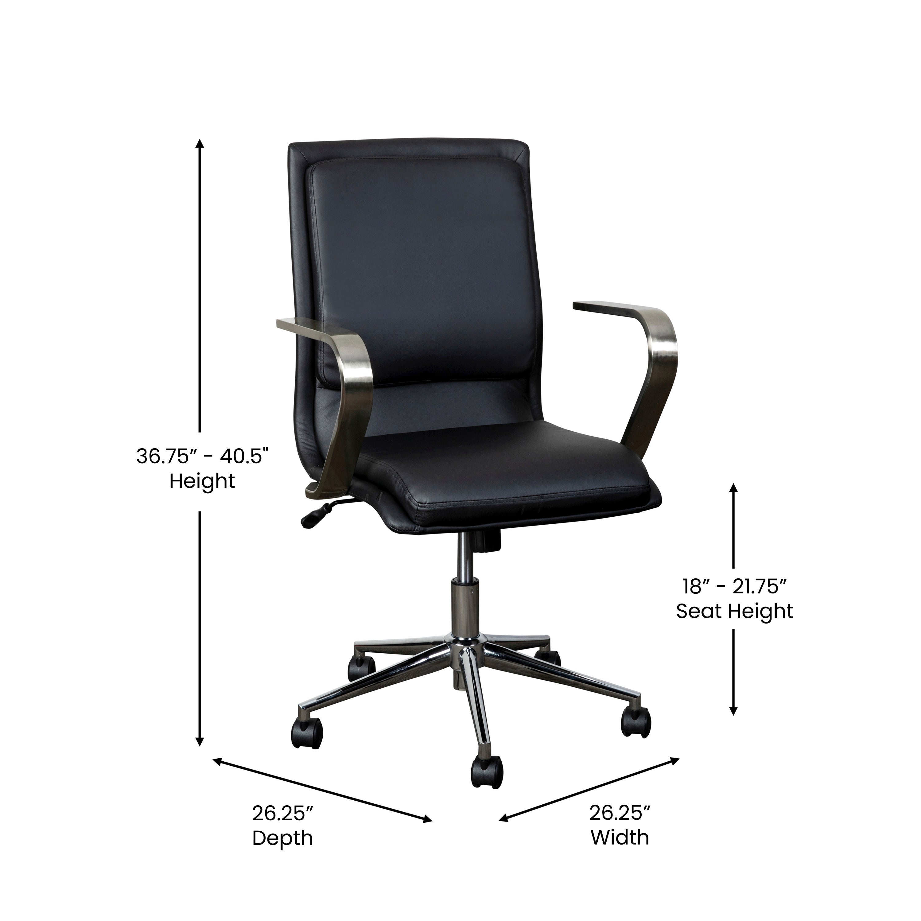 James Mid-Back Designer Executive Upholstered Office Chair with Brushed Metal Base and Arms
