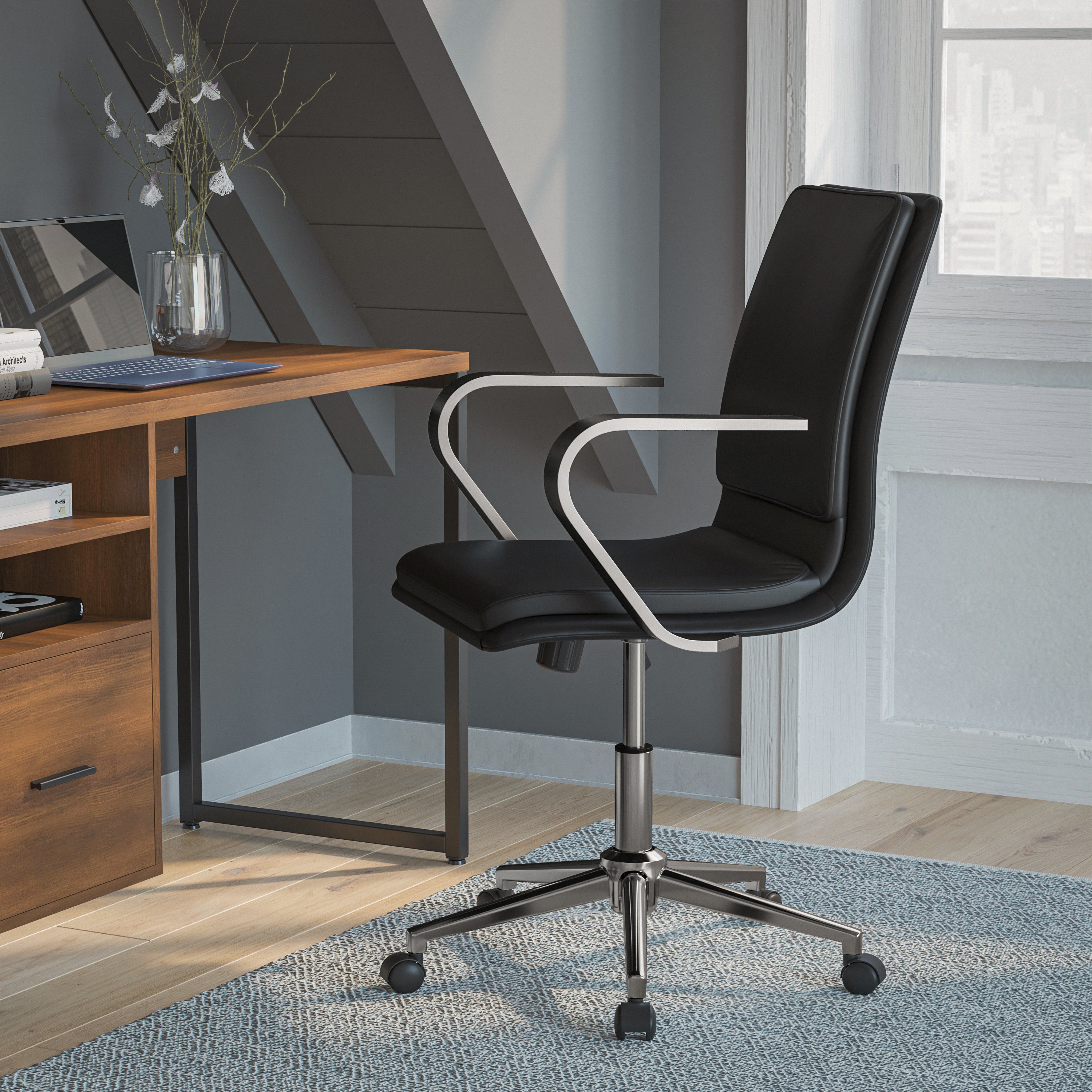 James Mid-Back Designer Executive Upholstered Office Chair with Brushed Metal Base and Arms