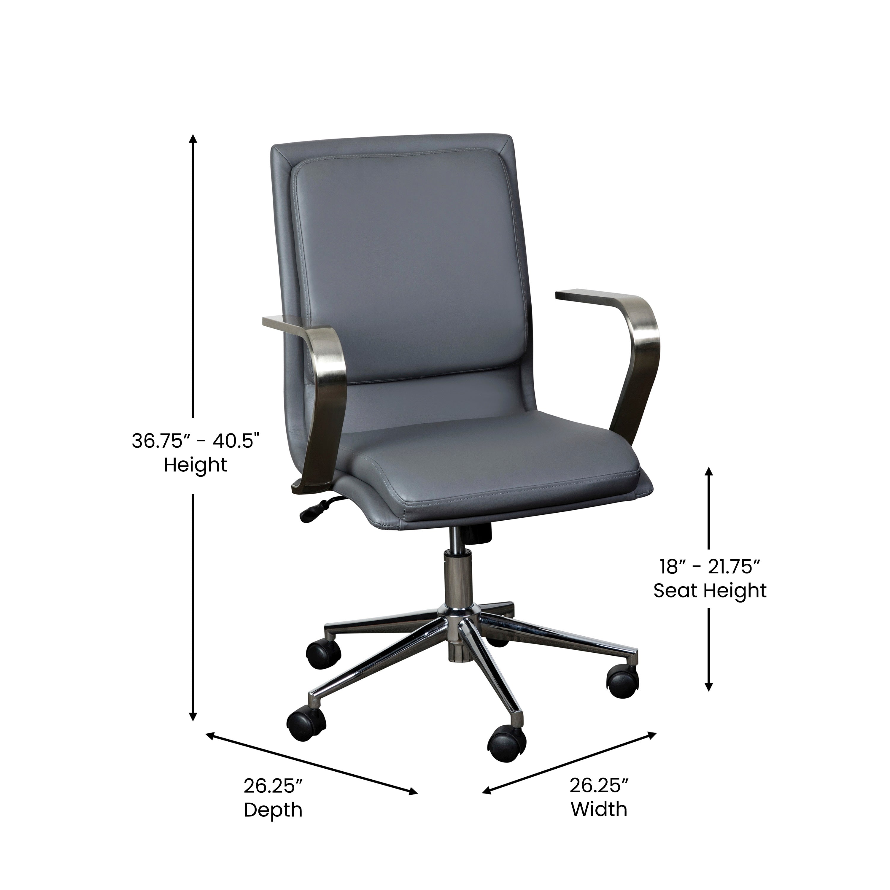 James Mid-Back Designer Executive Upholstered Office Chair with Brushed Metal Base and Arms