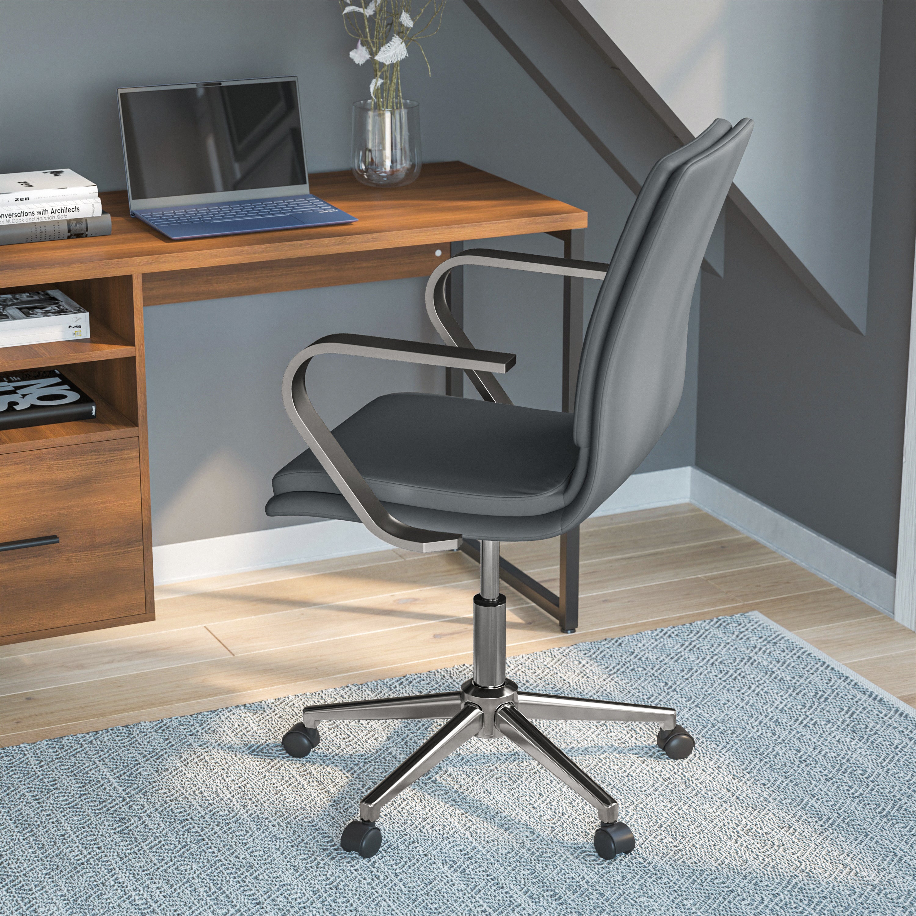 James Mid-Back Designer Executive Upholstered Office Chair with Brushed Metal Base and Arms