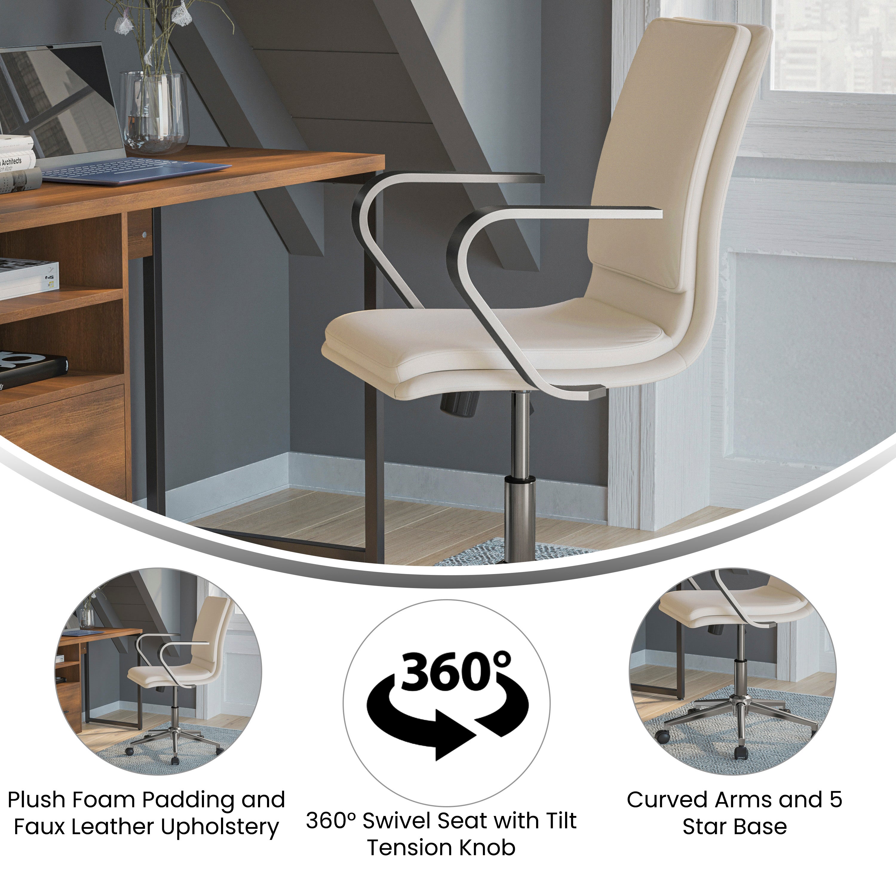 James Mid-Back Designer Executive Upholstered Office Chair with Brushed Metal Base and Arms