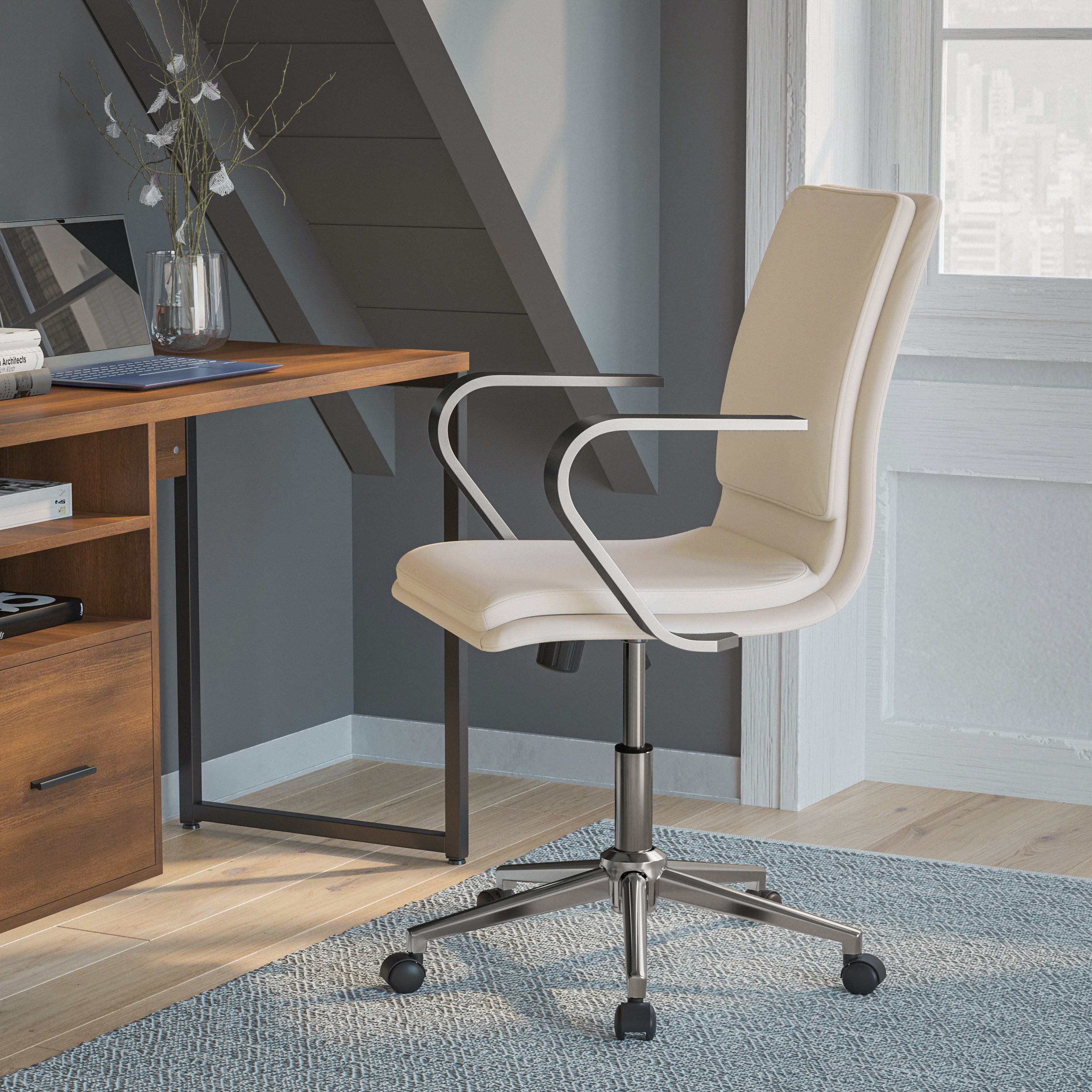 James Mid-Back Designer Executive Upholstered Office Chair with Brushed Metal Base and Arms
