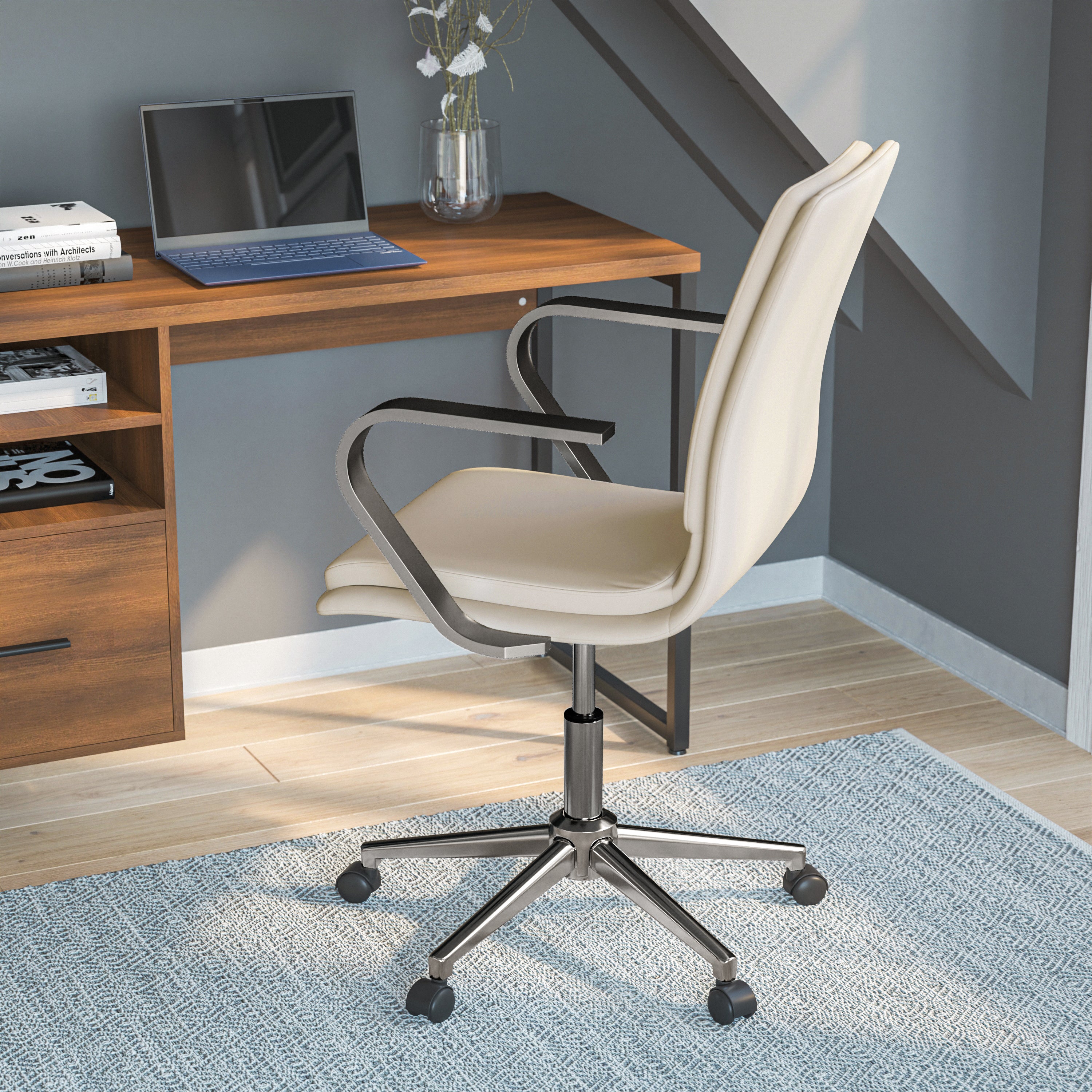 James Mid-Back Designer Executive Upholstered Office Chair with Brushed Metal Base and Arms