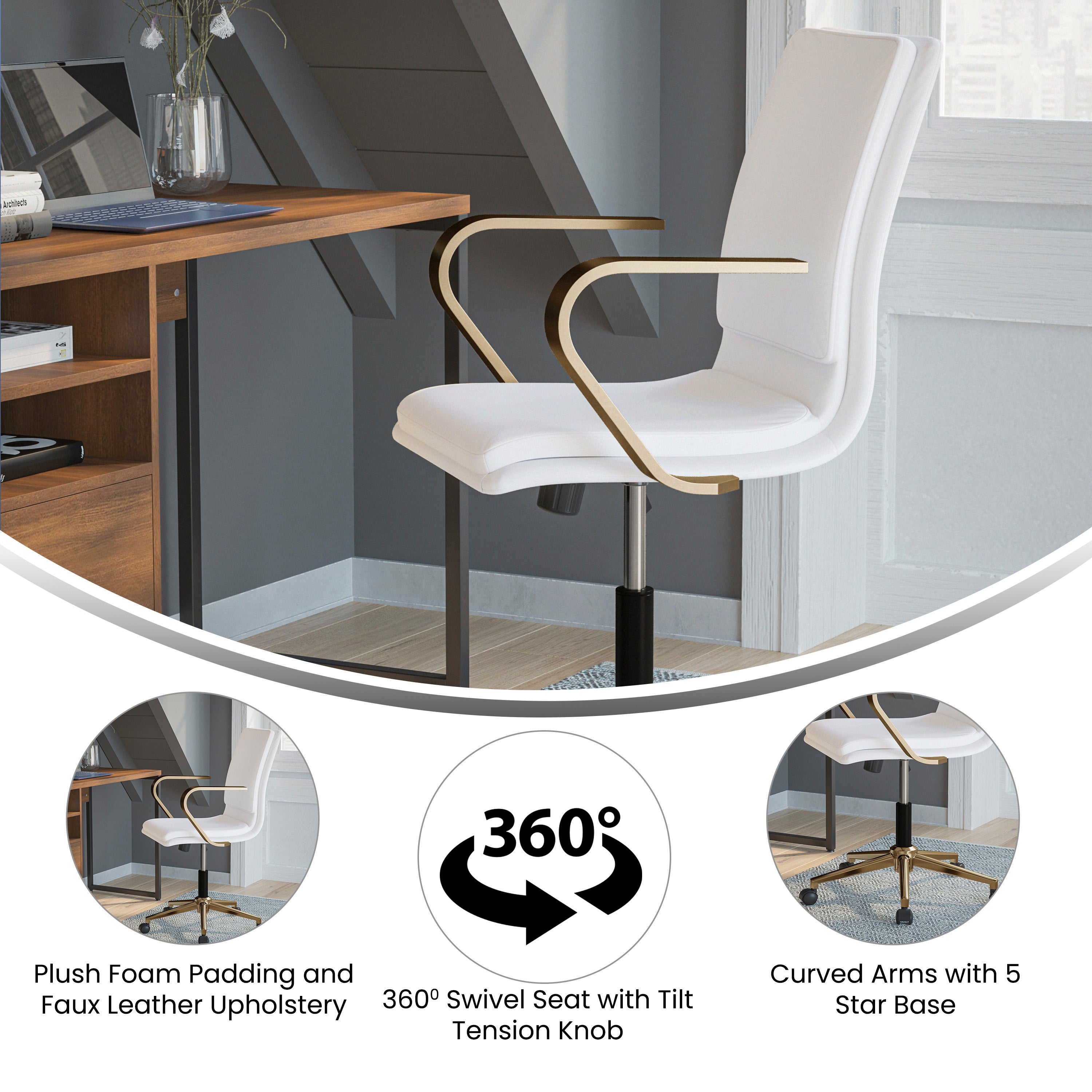 James Mid-Back Designer Executive Upholstered Office Chair with Brushed Metal Base and Arms