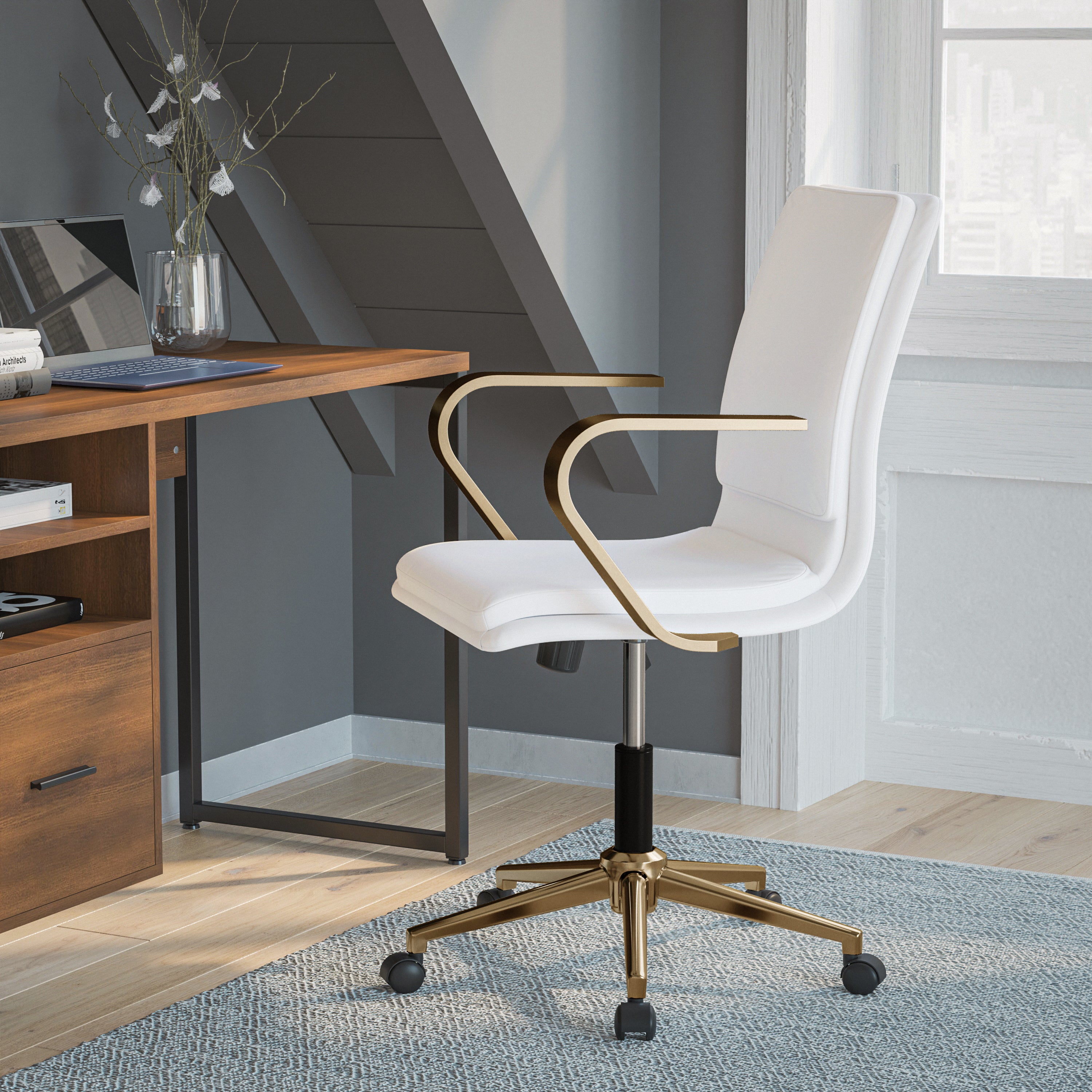 James Mid-Back Designer Executive Upholstered Office Chair with Brushed Metal Base and Arms