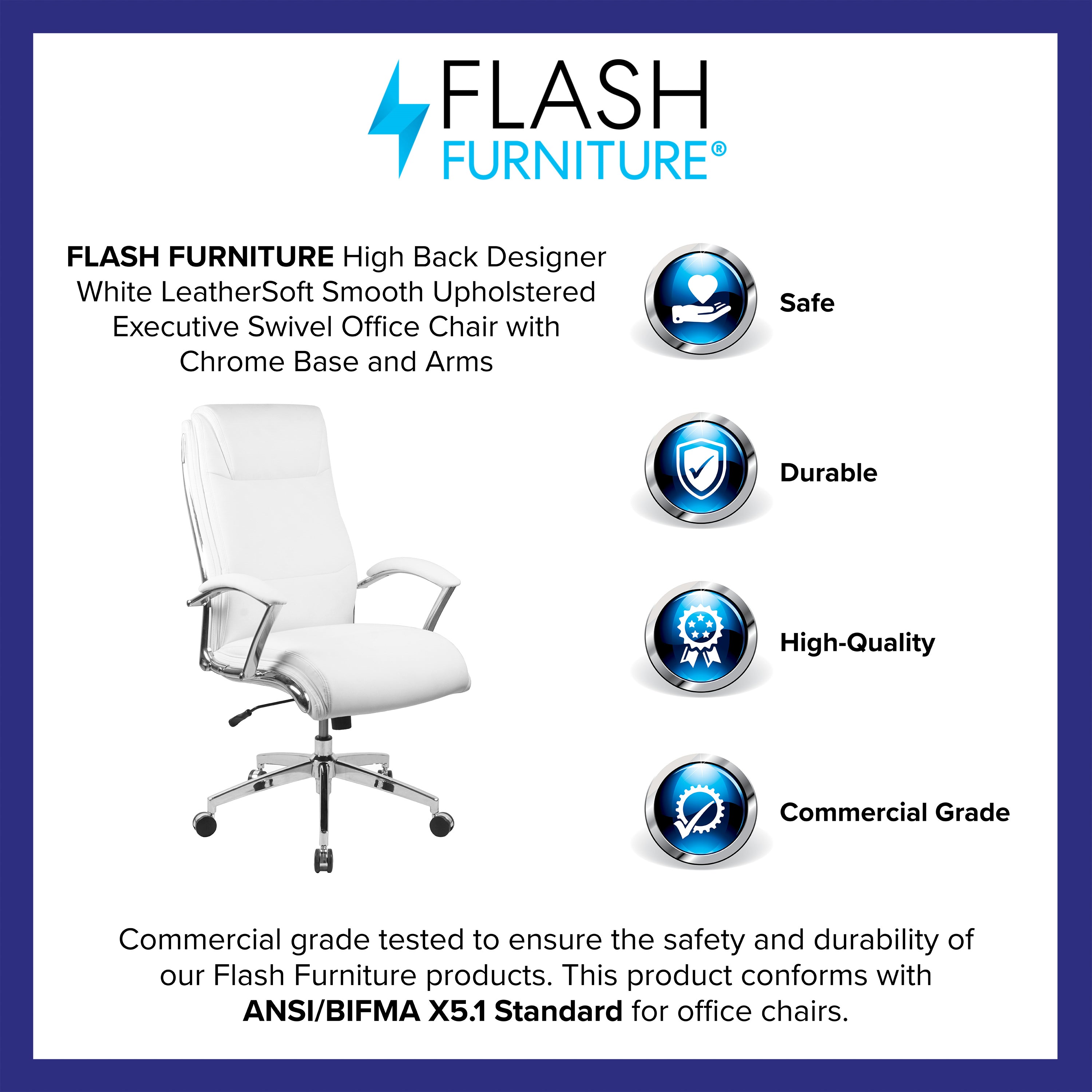 High Back Designer Smooth Upholstered Executive Swivel Office Chair with Chrome Base and Arms
