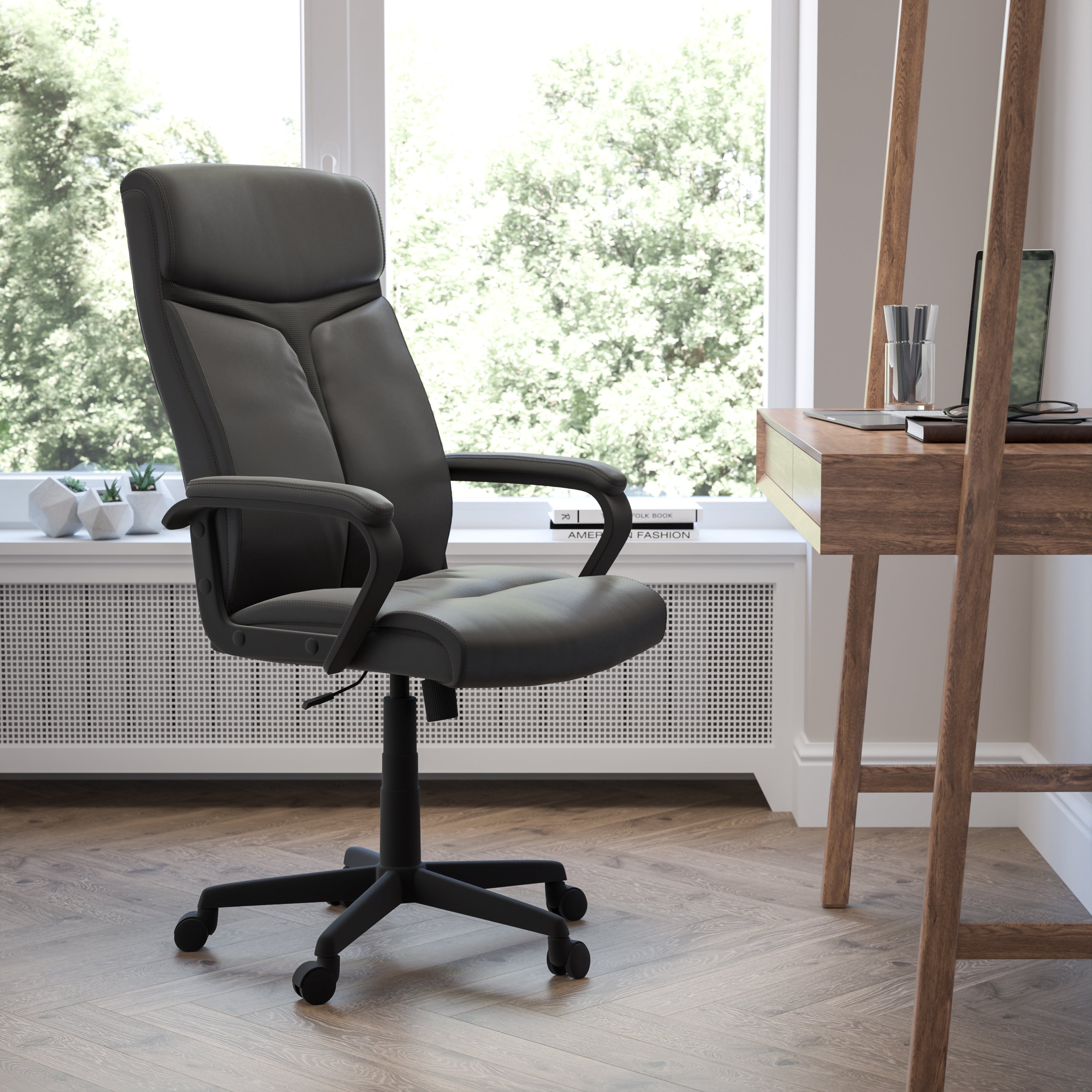 High Back LeatherSoft Executive Swivel Office Chair with Slight Mesh Accent and Arms-Office Chair-Flash Furniture-Wall2Wall Furnishings