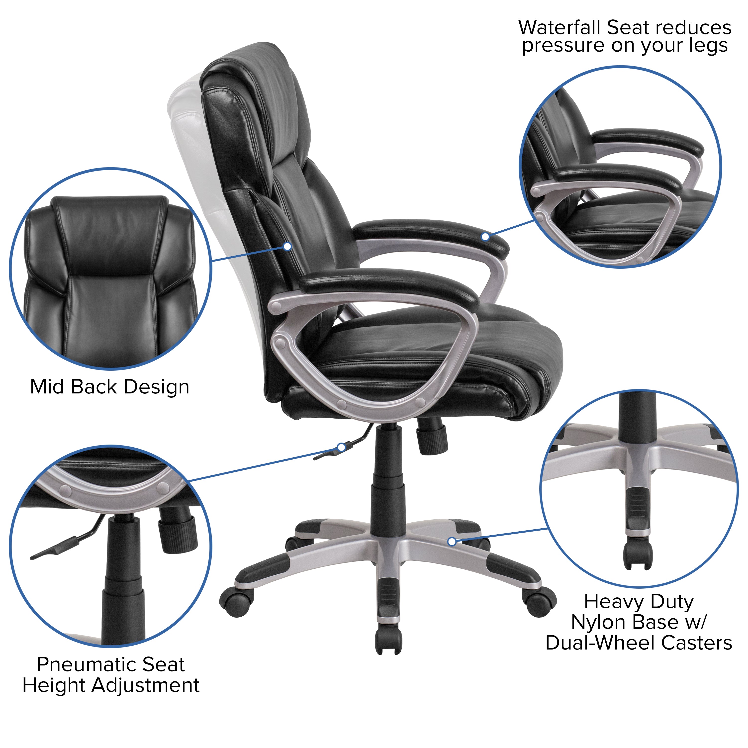 Mid-Back LeatherSoftSoft Executive Swivel Office Chair with Padded Arms
