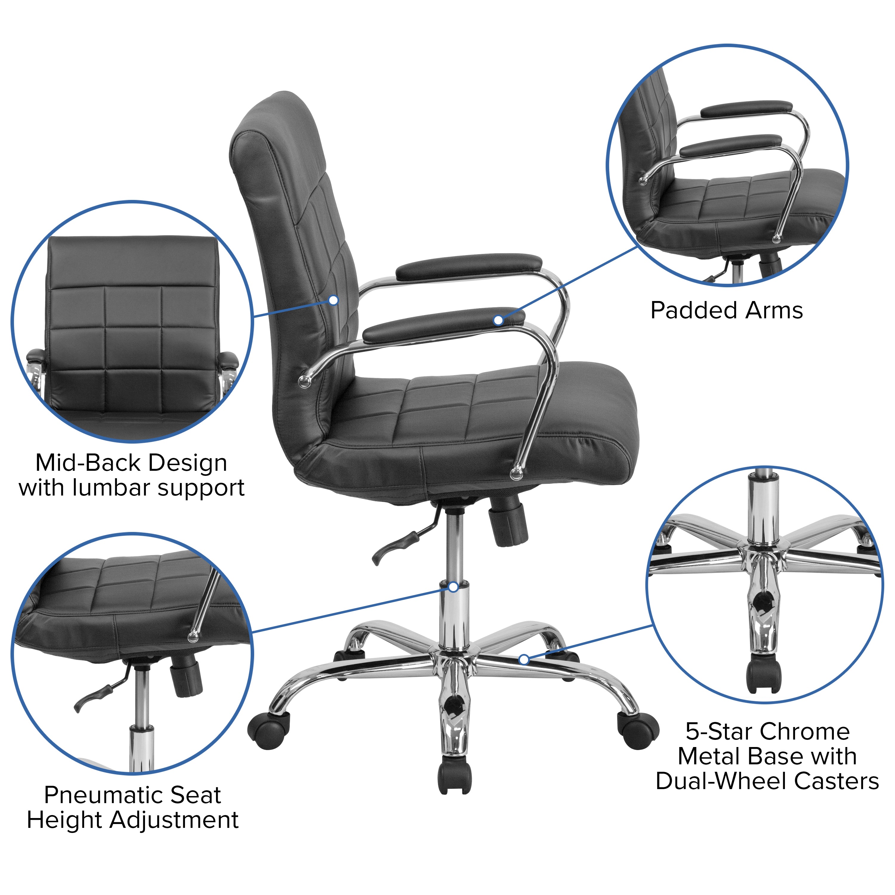 Mid-Back Vinyl Executive Swivel Office Chair with Chrome Base and Arms