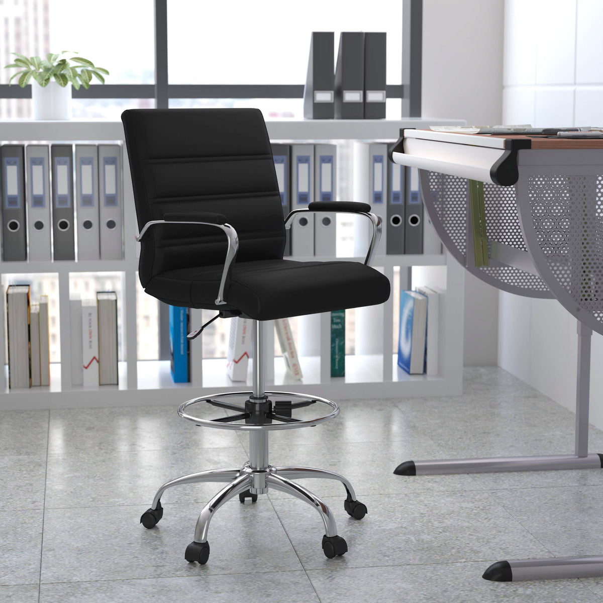 Mid-Back LeatherSoft Drafting Chair with Adjustable Foot Ring and Chrome Base