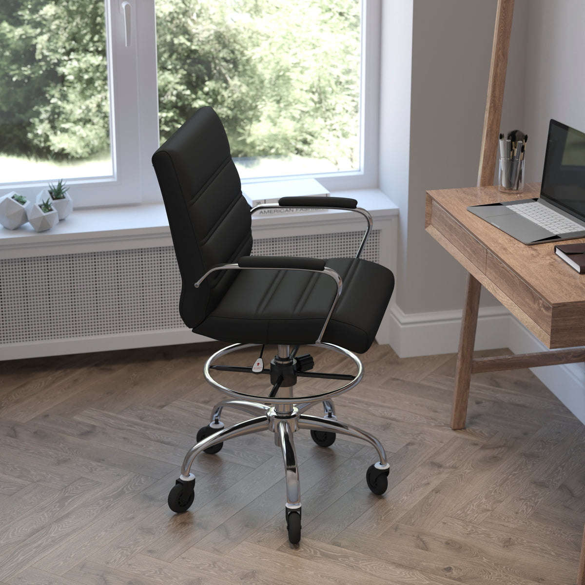 Lexi Mid-Back Drafting Chair with Adjustable Foot Ring, Chrome Base, and Transparent Roller Wheels