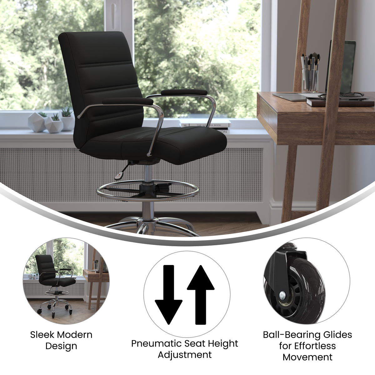 Lexi Mid-Back Drafting Chair with Adjustable Foot Ring, Chrome Base, and Transparent Roller Wheels