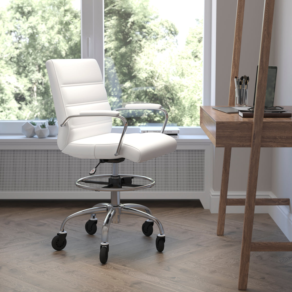 Lexi Mid-Back Drafting Chair with Adjustable Foot Ring, Chrome Base, and Transparent Roller Wheels
