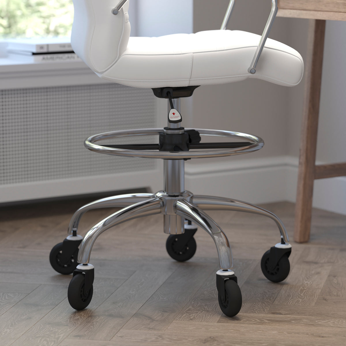 Lexi Mid-Back Drafting Chair with Adjustable Foot Ring, Chrome Base, and Transparent Roller Wheels